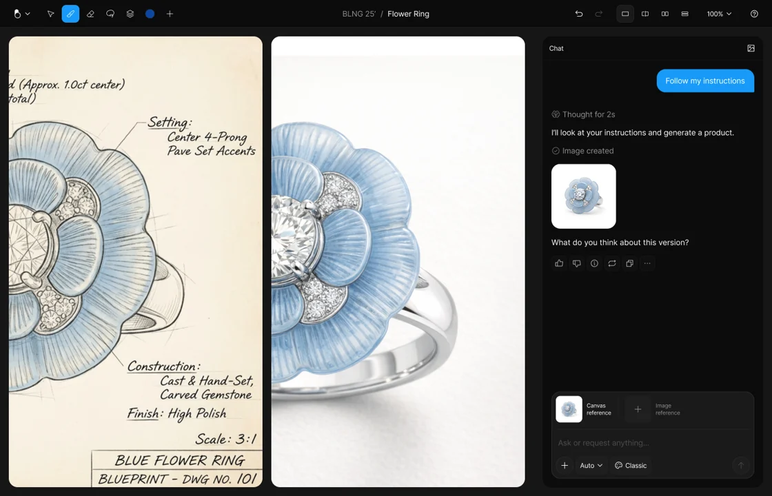 An annotated blueprint-style sketch next to the generated result