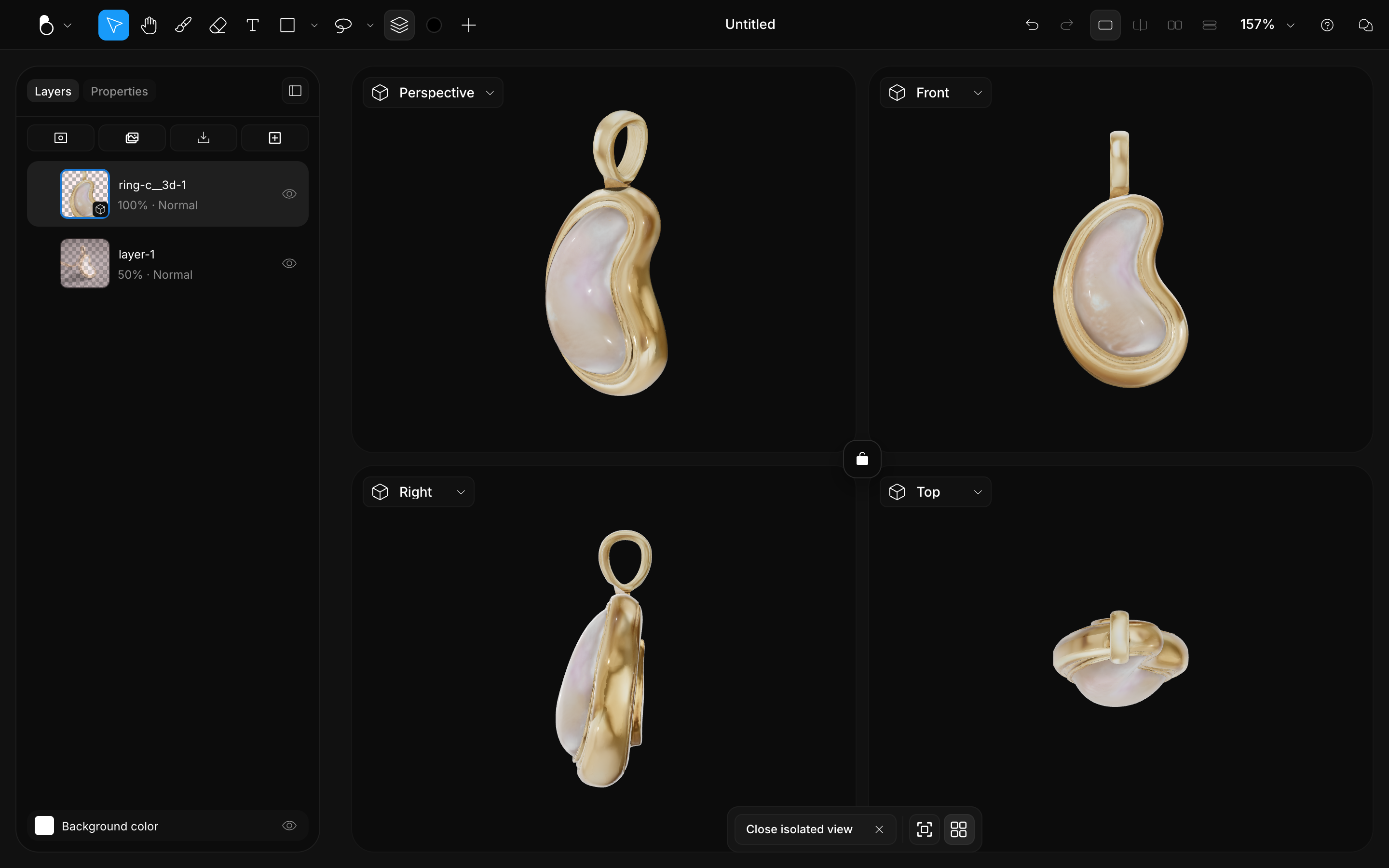 Quad 3D view showing a pendant from Perspective, Front, Right and Top