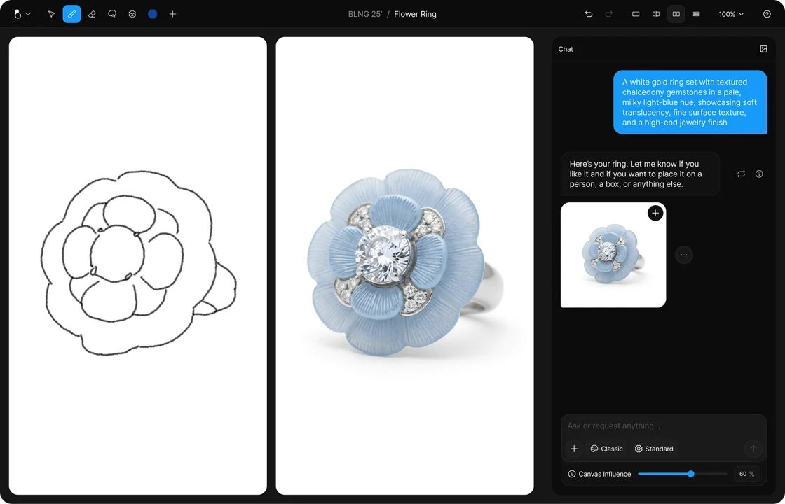 A hand-drawn ring sketch next to the realistic ring BLNG generated from it