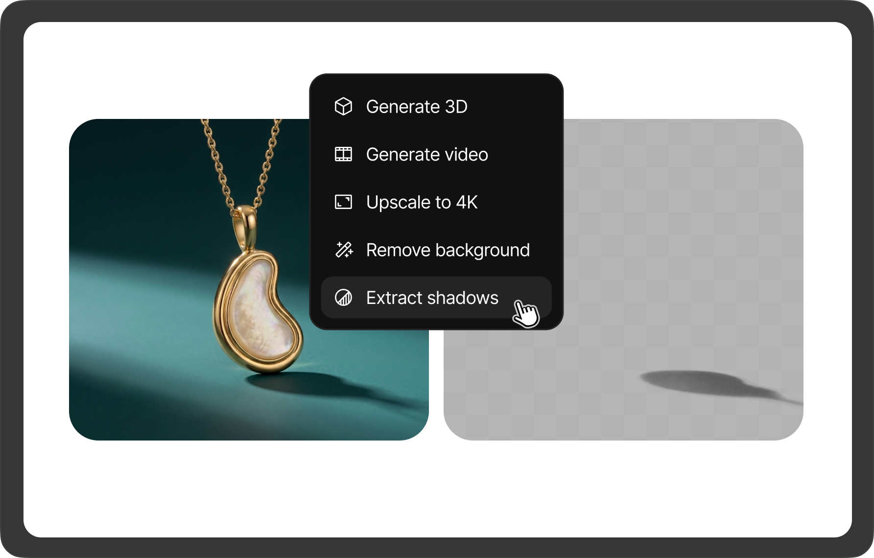 A pearl pendant before and after Extract shadows: only its shadow is left, on a transparent checkerboard