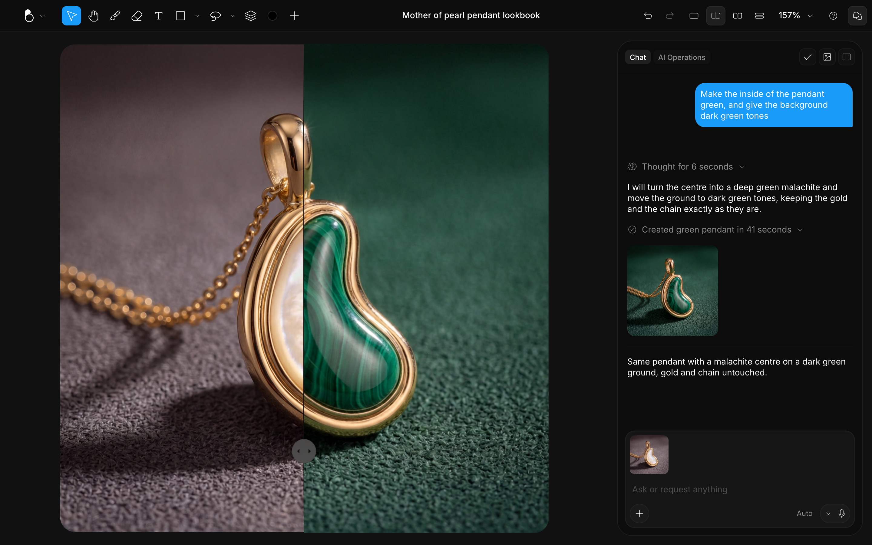 Split view with a divider revealing the malachite version over the original pendant