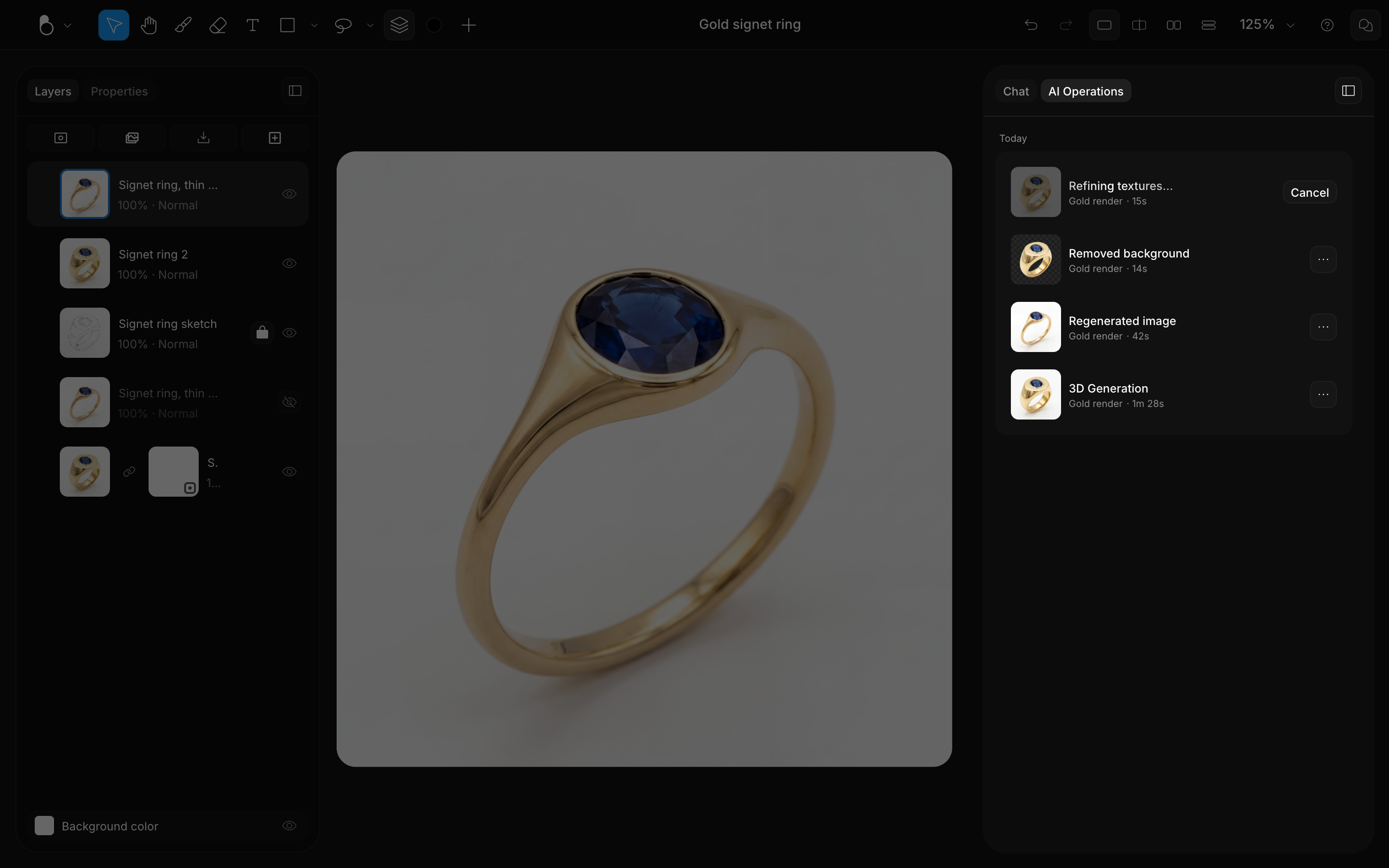 The AI Operations tab listing Upscaling, Removed background, Regenerated image and 3D Generation