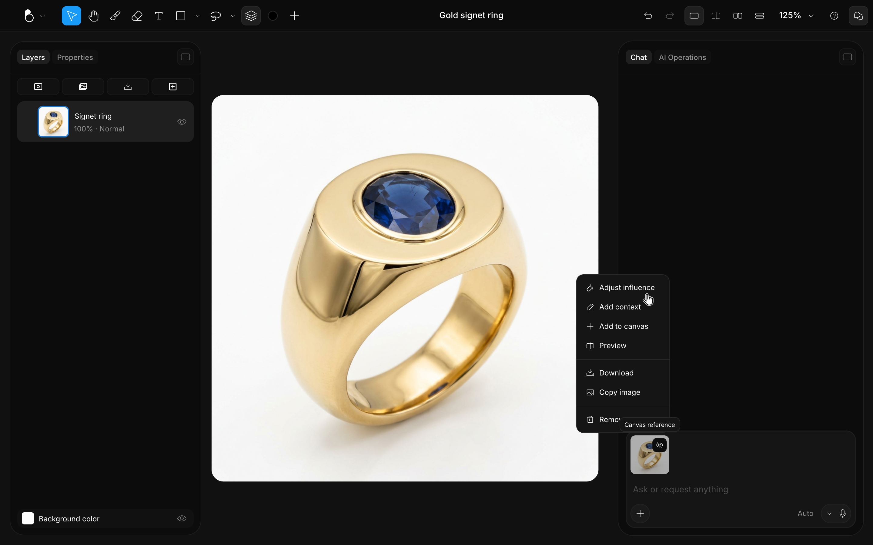 A reference thumbnail menu with Adjust influence, Add context and Add to canvas