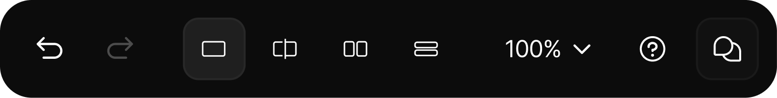The right-hand toolbar controls: undo, redo, view modes, zoom level, help and share