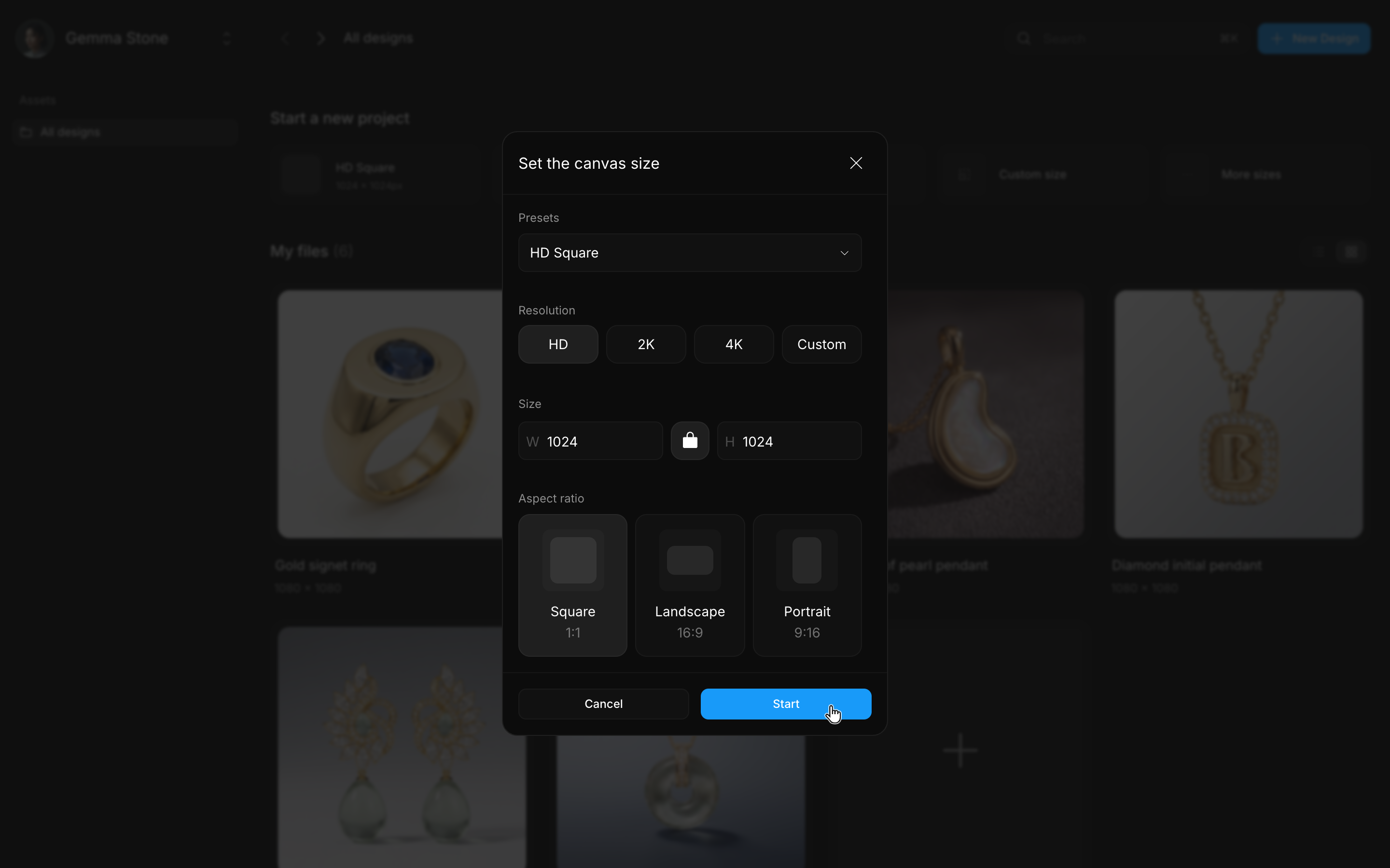 The Set the canvas size dialog with presets, resolution, size and aspect ratio