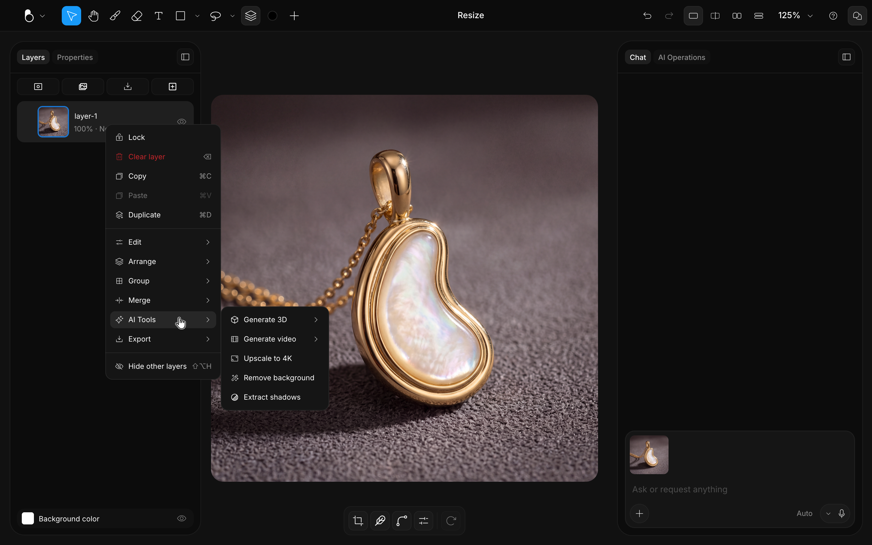 The right-click menu on a pendant image with AI Tools expanded