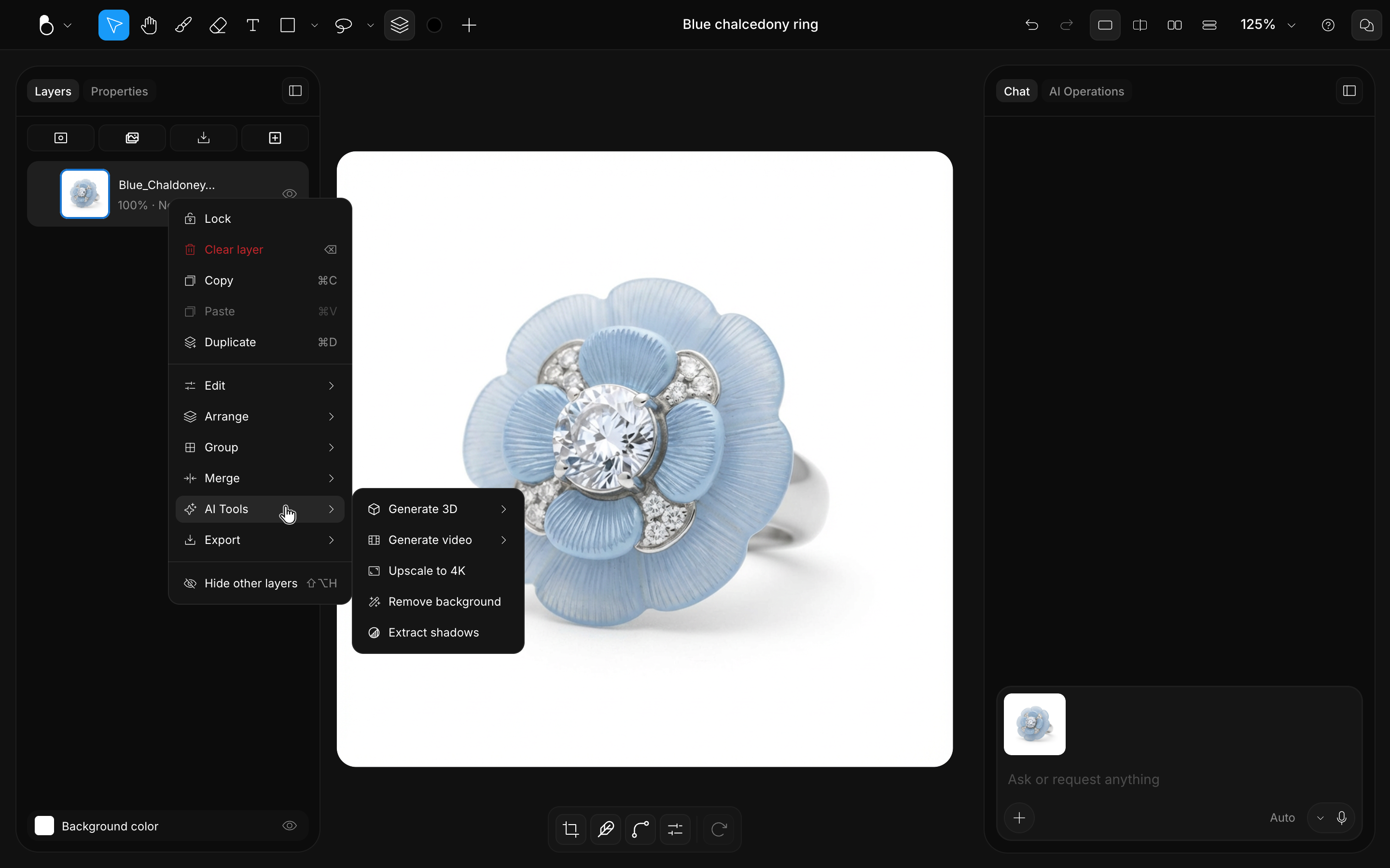 The AI Operations panel in the BLNG app with Generate 3D and Upscale options next to a ring on the canvas