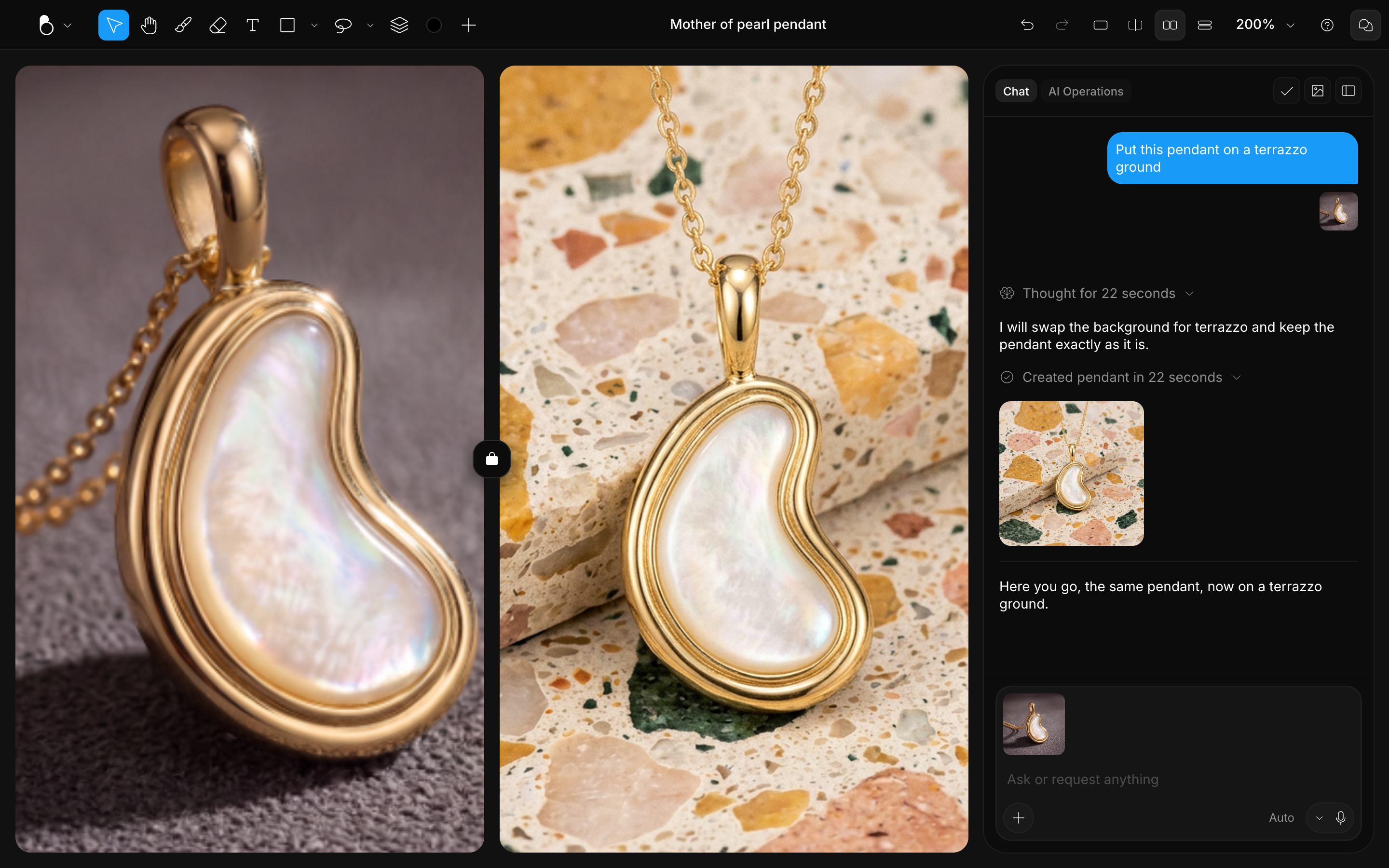 Side by side view of a pearl pendant on grey and the same pendant on a terrazzo ground