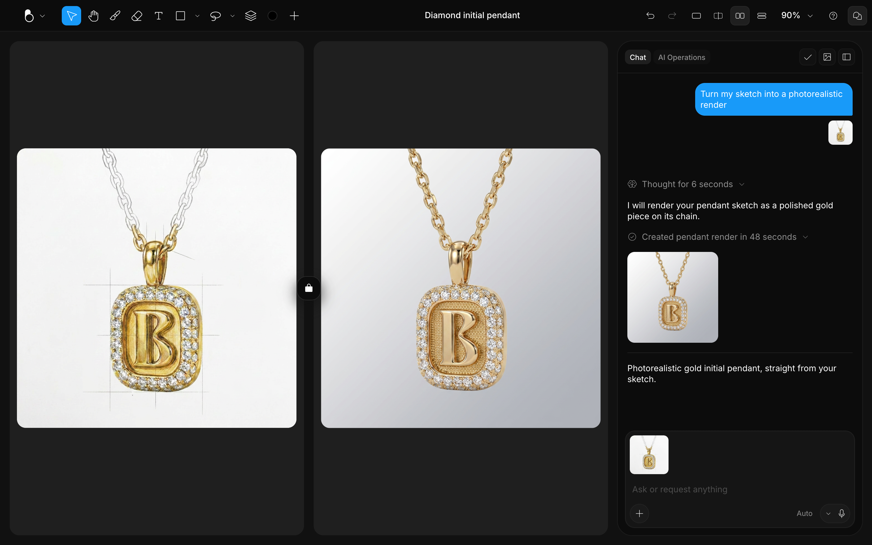 A pendant sketch next to its photorealistic gold render, with the chat conversation beside them