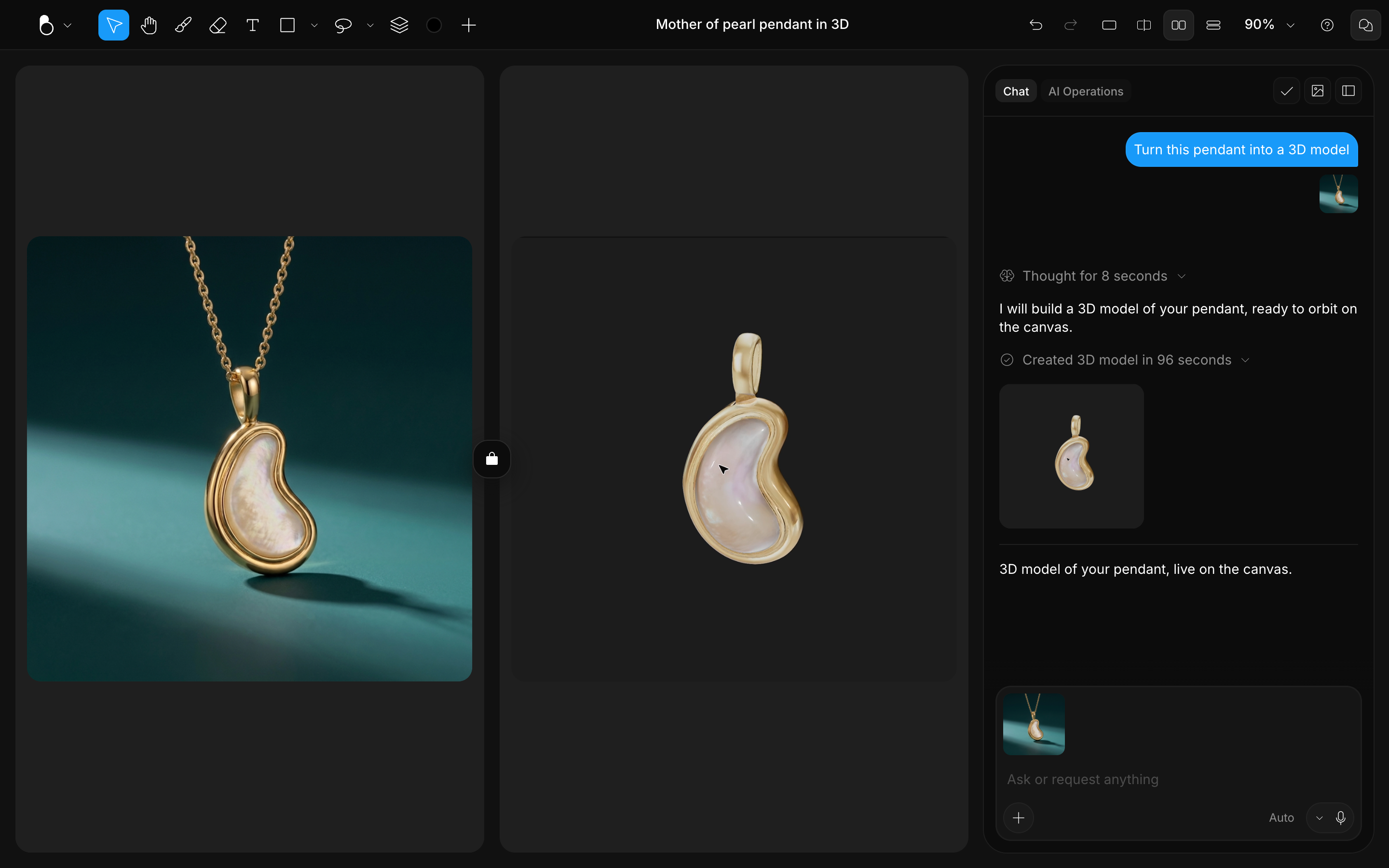 A pearl pendant image beside its 3D model on the canvas