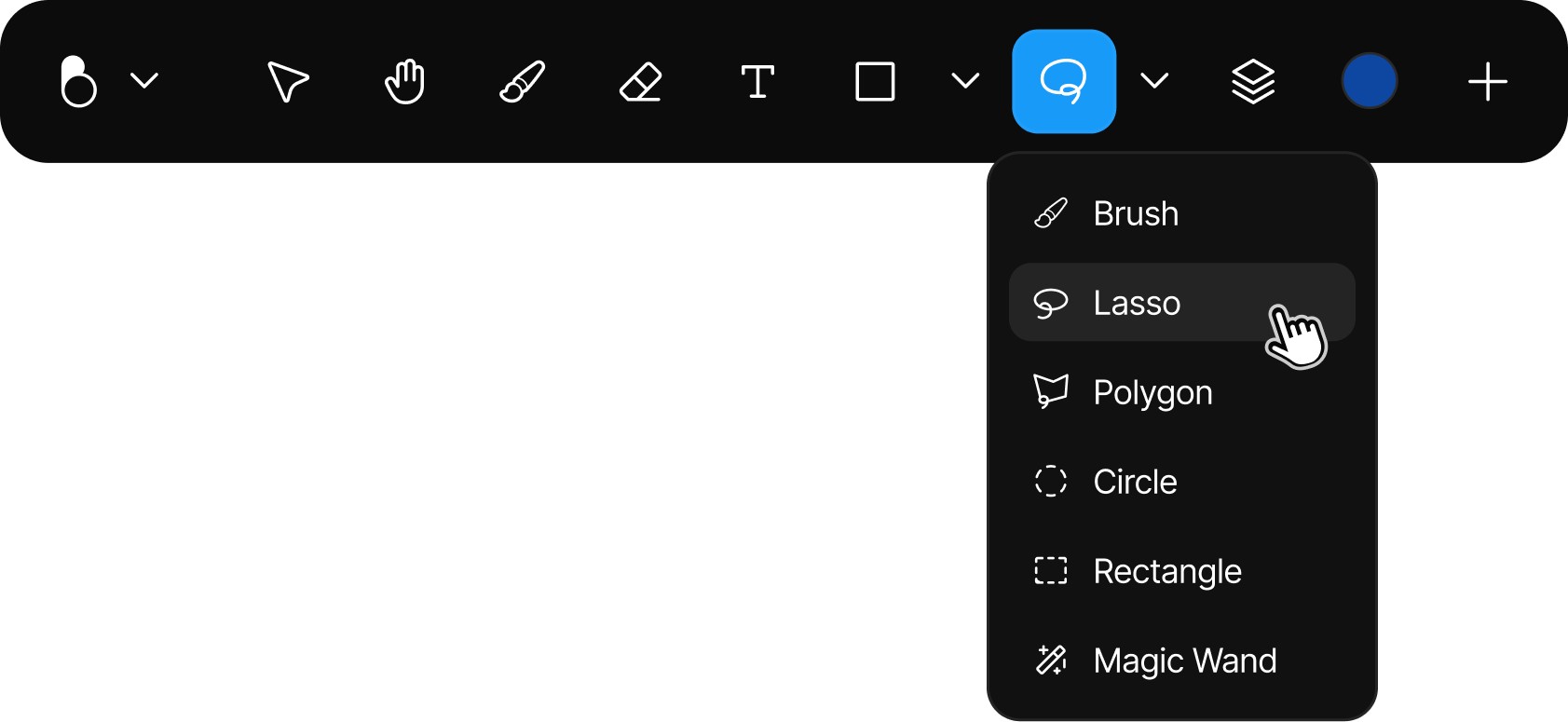 The Selection tool menu with Brush, Lasso, Polygon, Circle, Rectangle and Magic Wand