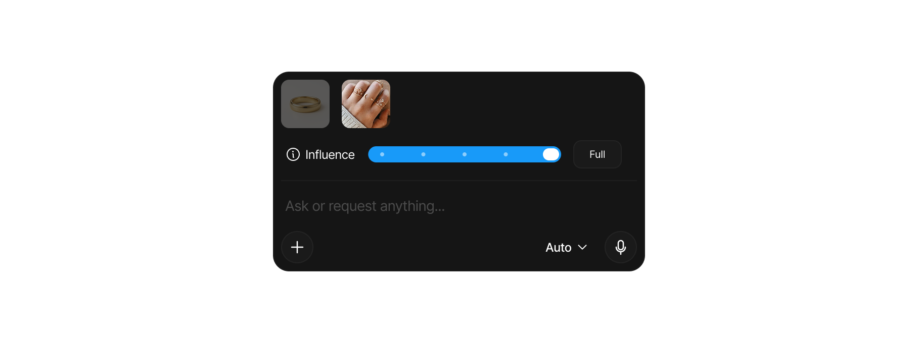The Influence slider above the prompt set to Full, with two references attached