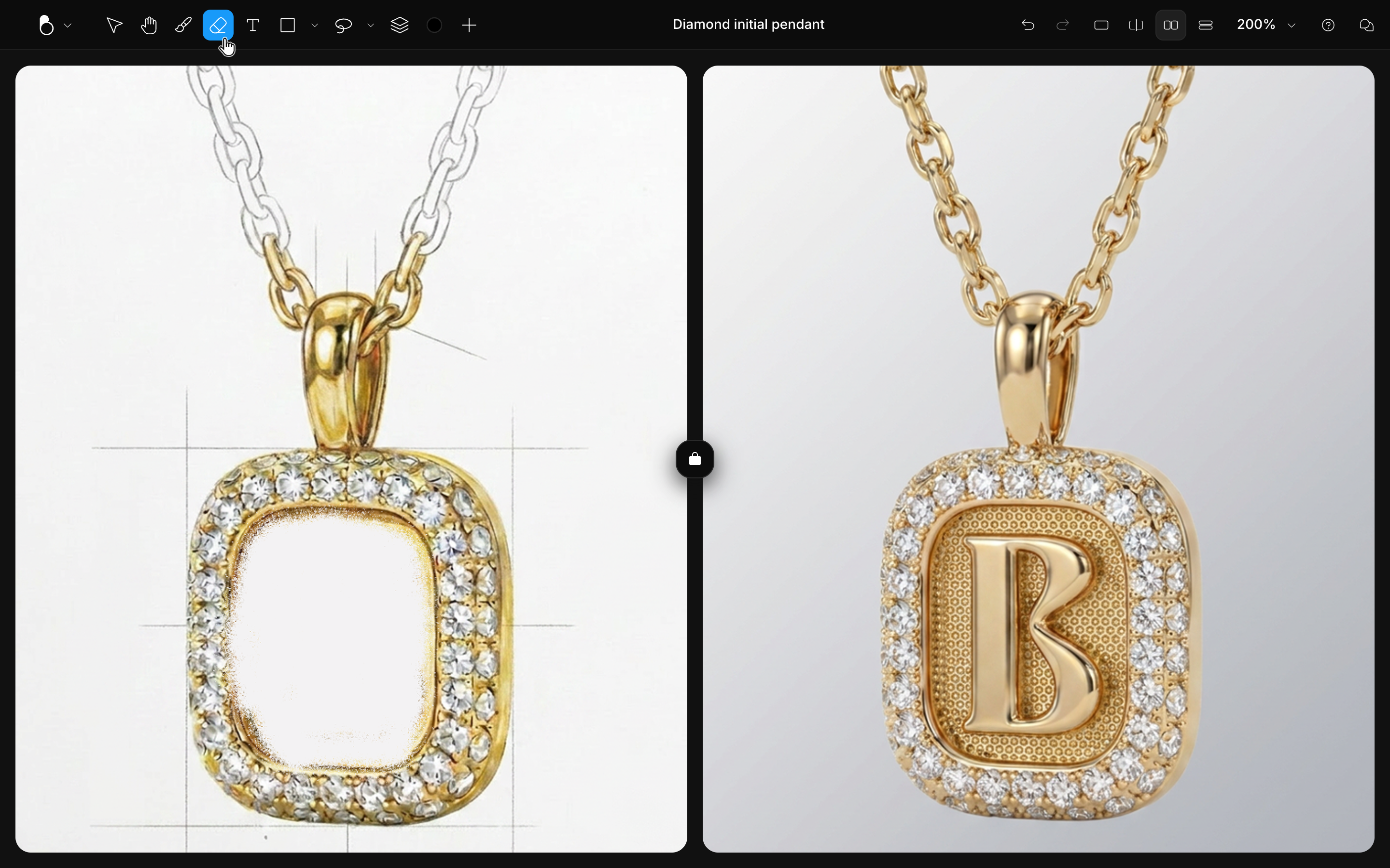 Split view of a diamond pendant with the letter B erased on the left and intact on the right