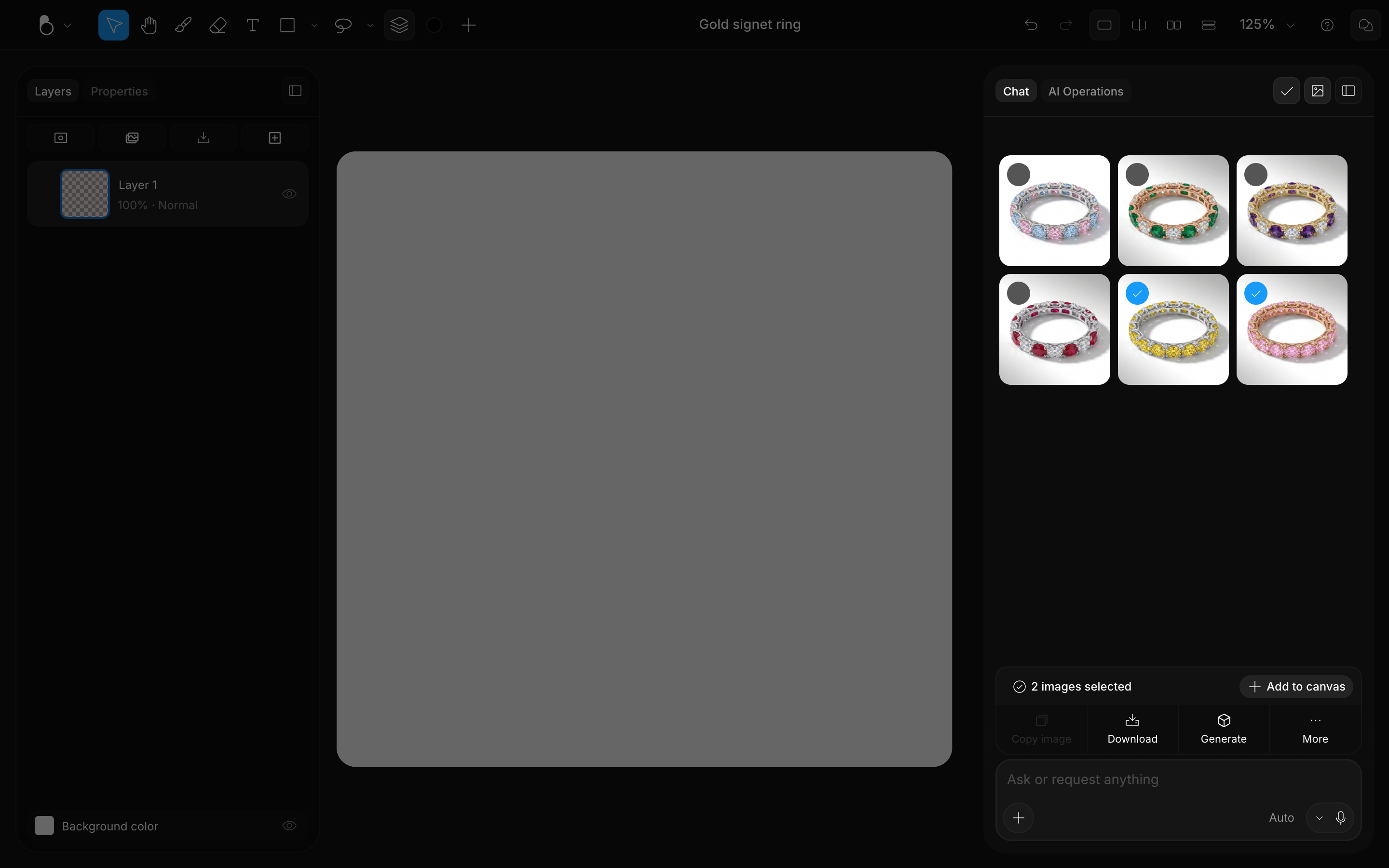 Three results selected in the chat with the Add to canvas, Download and Generate actions