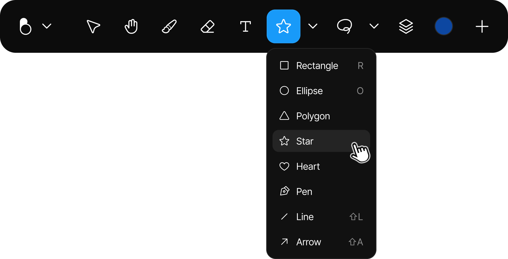 The Shape tool menu listing Rectangle (R), Ellipse (O), Polygon, Star, Heart, Pen, Line (Shift + L) and Arrow (Shift + A)