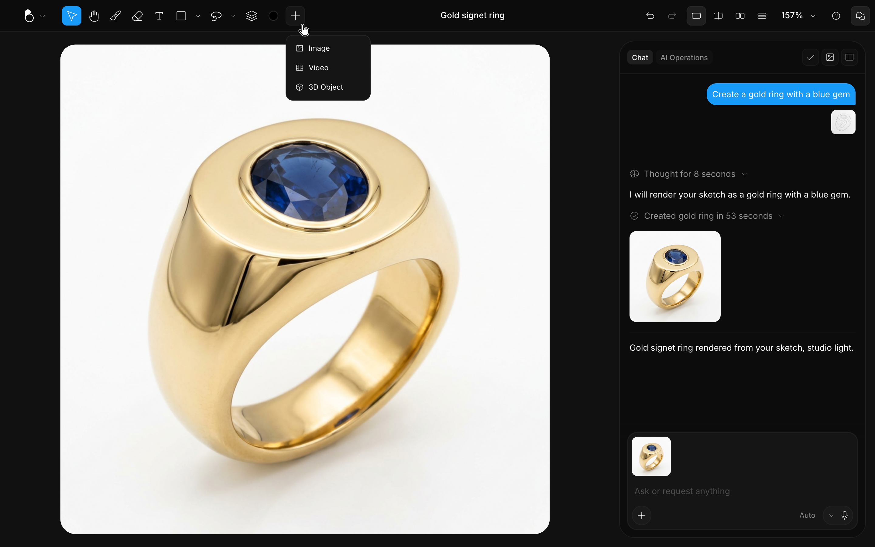 The Import menu offering image, video, and 3D object