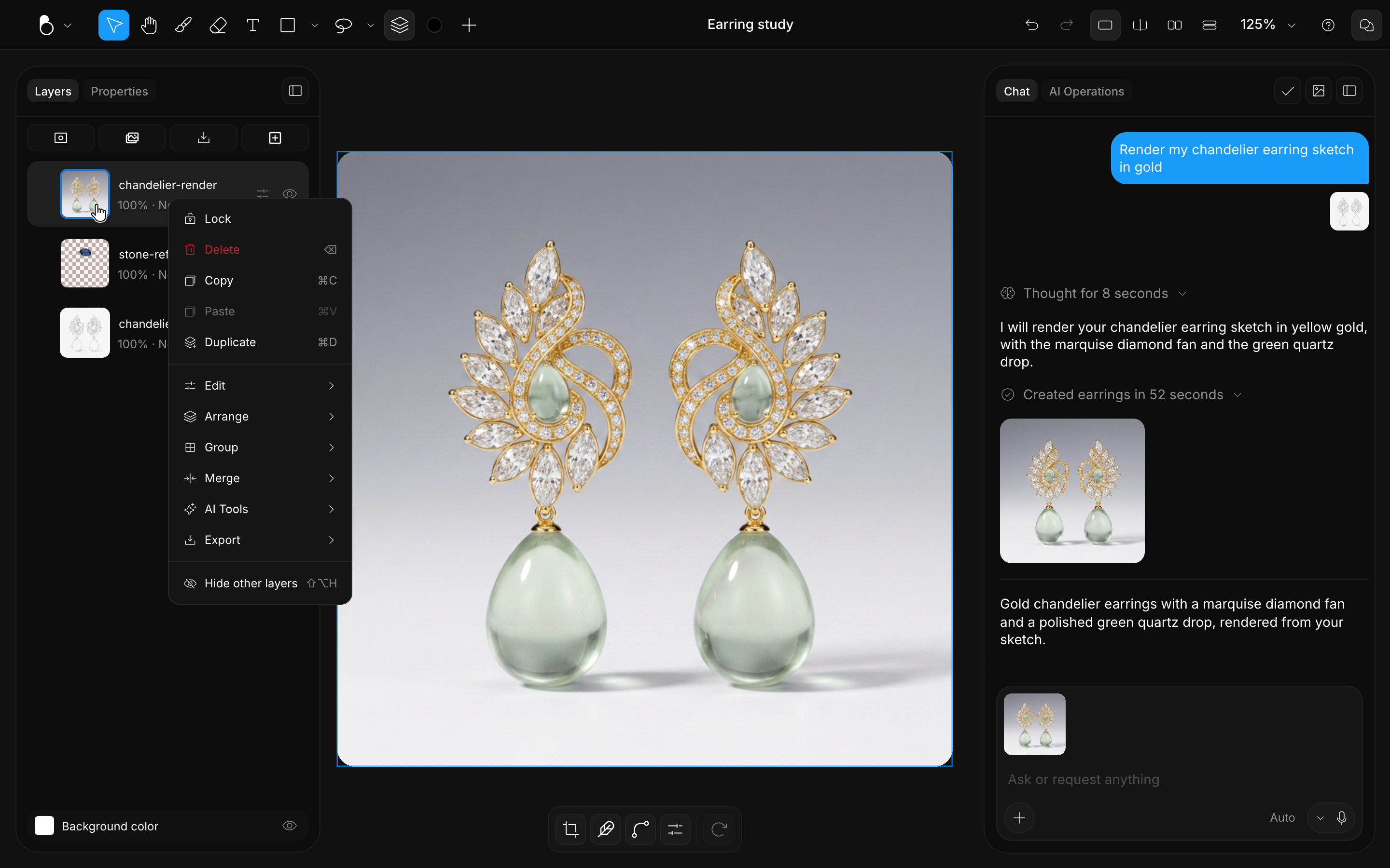 The layer right-click menu with hide, merge, group, and edit actions