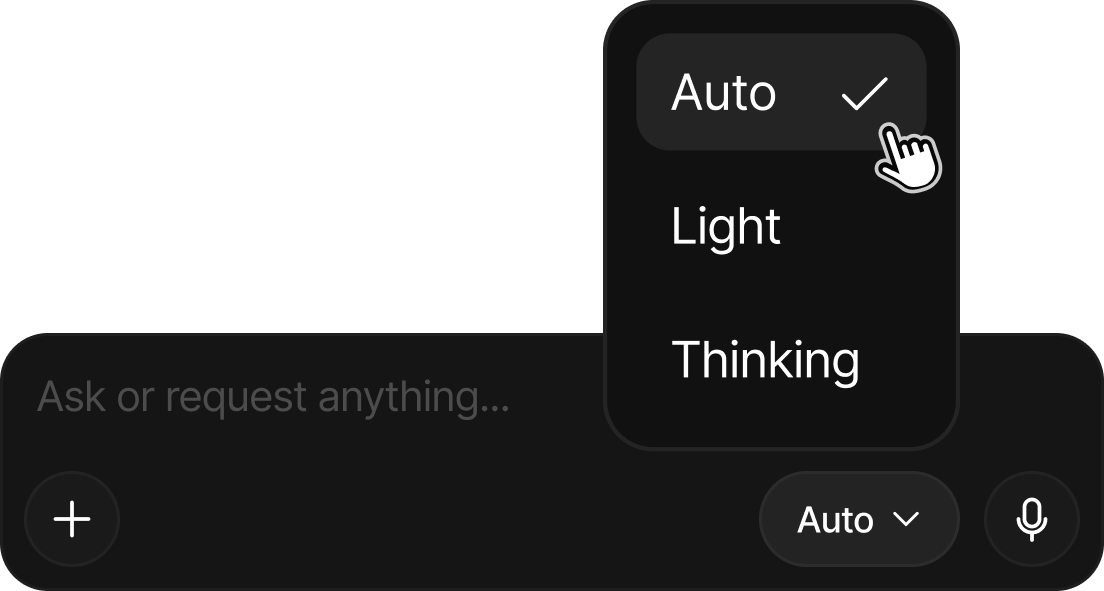 The AI mode menu in the prompt bar with Auto, Light and Thinking