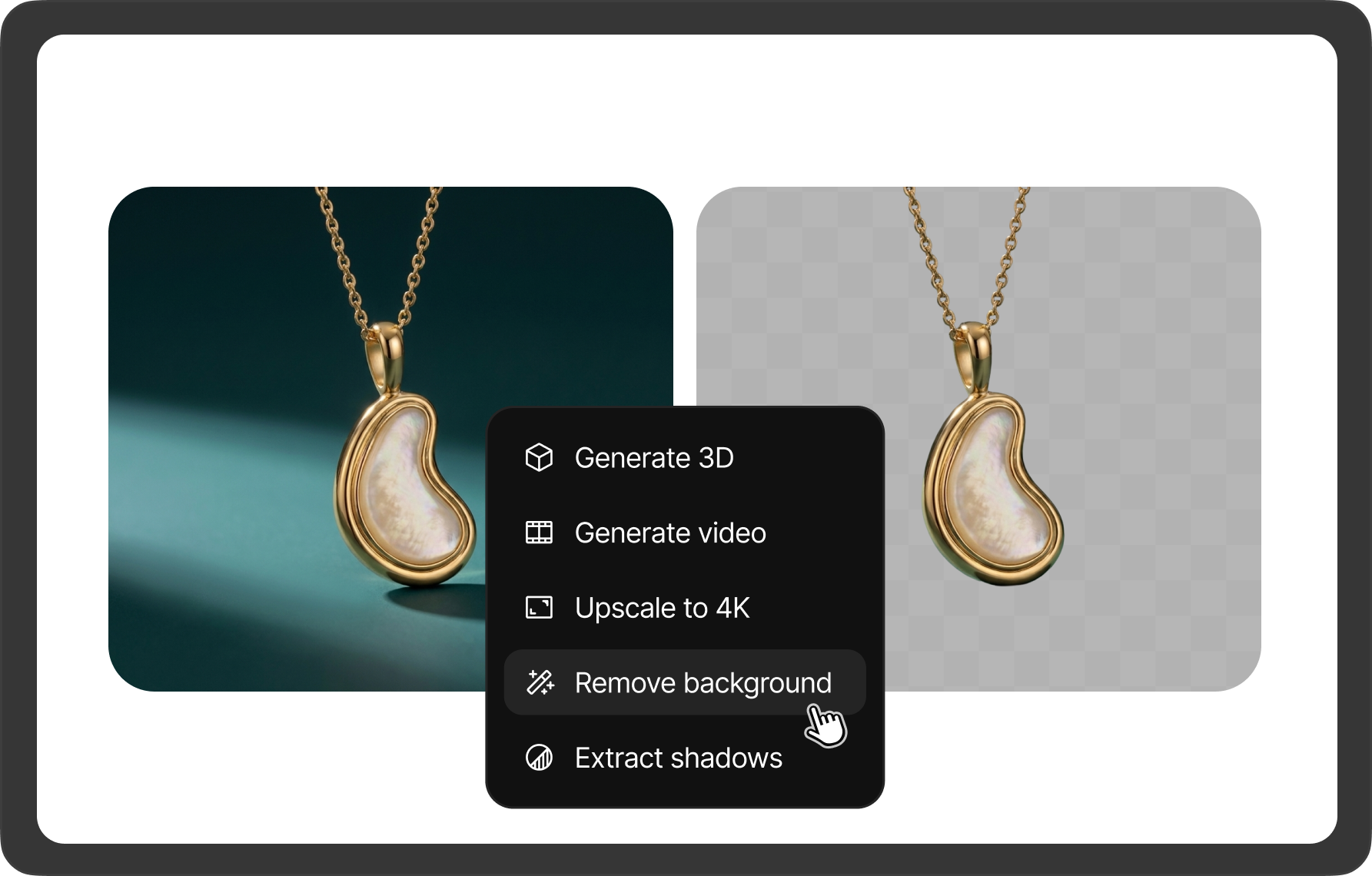 A pearl pendant before and after Remove background, the result on a transparent checkerboard