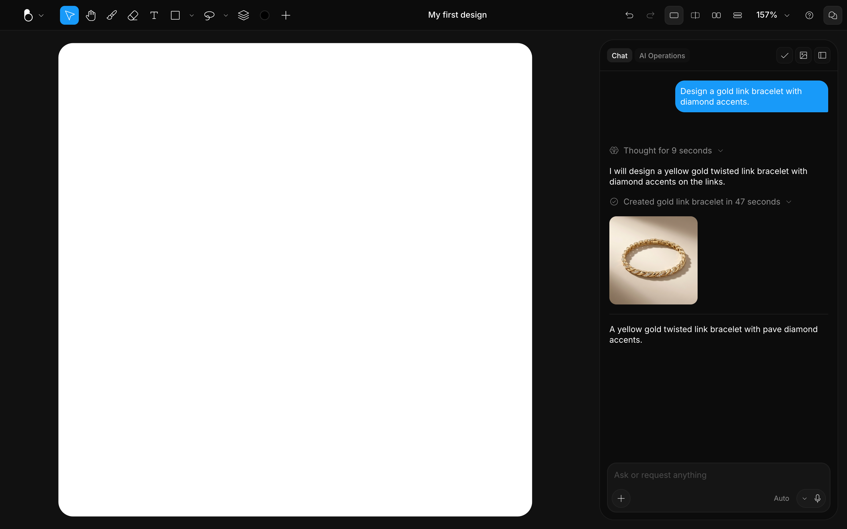The chat generating a gold link bracelet with diamond accents from the prompt