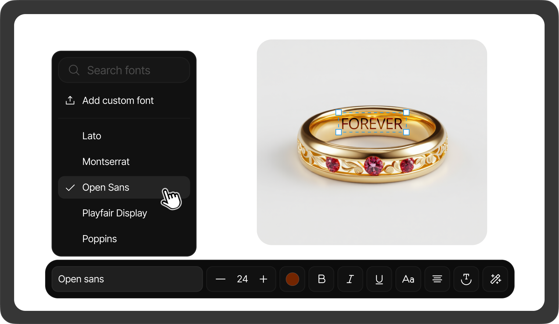 Selected text on the canvas with the font list open and the text styling bar below