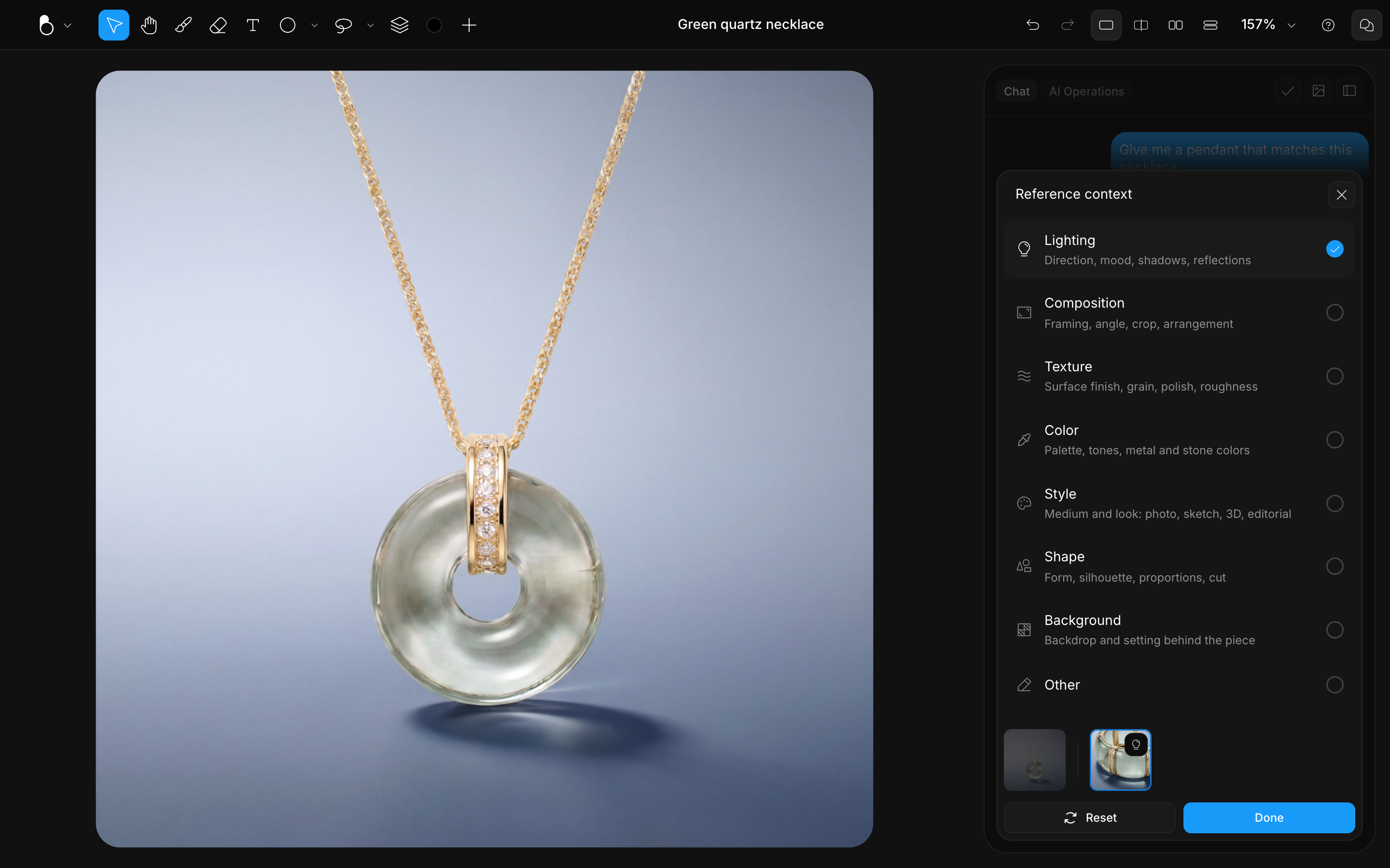 The context dialog asking how an image should influence the generation, with Lighting selected