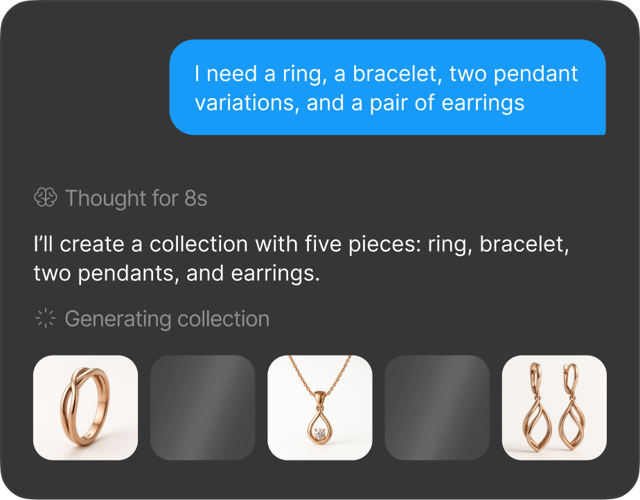 Chat response with five rose gold pieces generated from one collection prompt