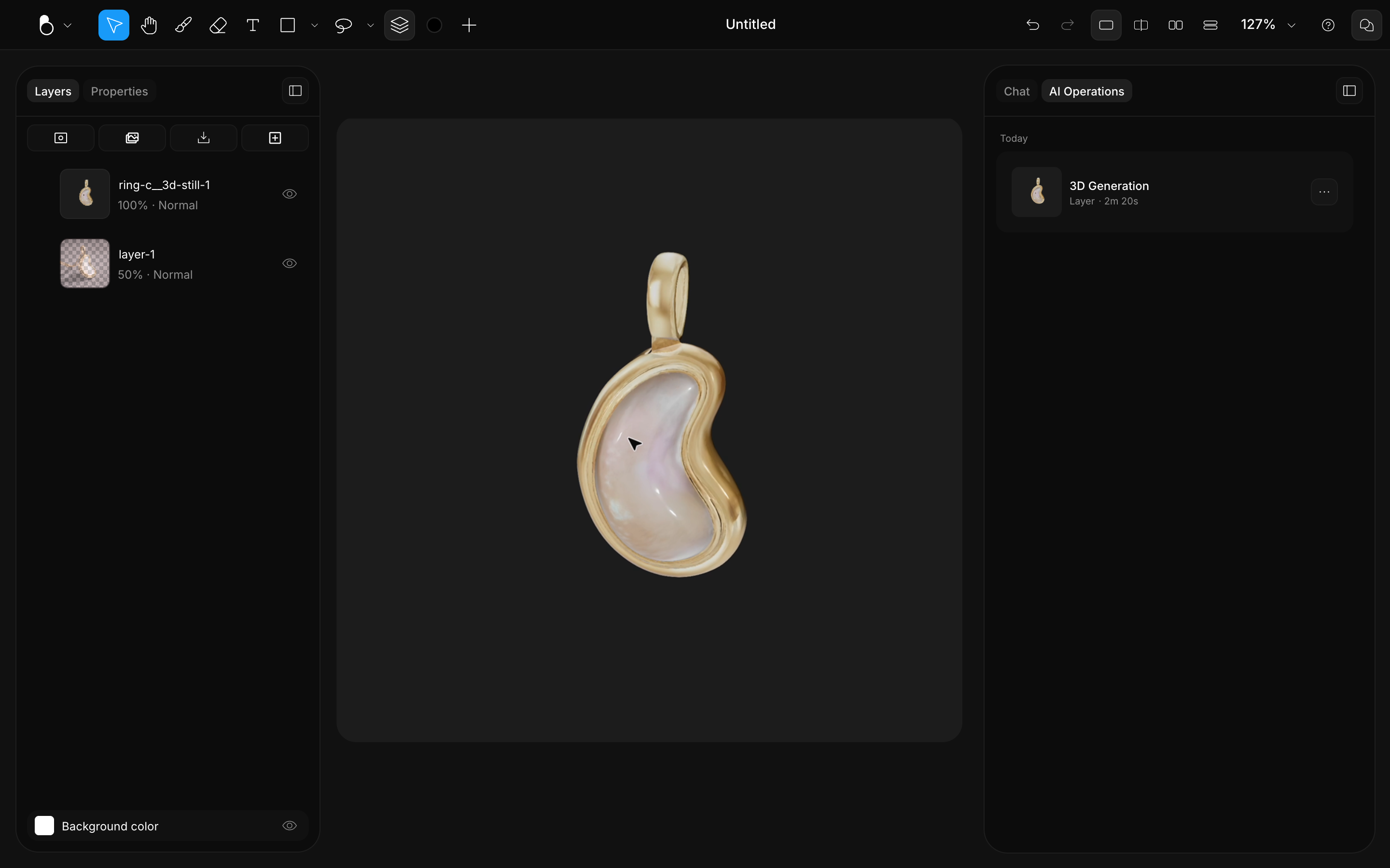A generated 3D pearl pendant on the canvas with its 3D Generation job in the AI Operations tab