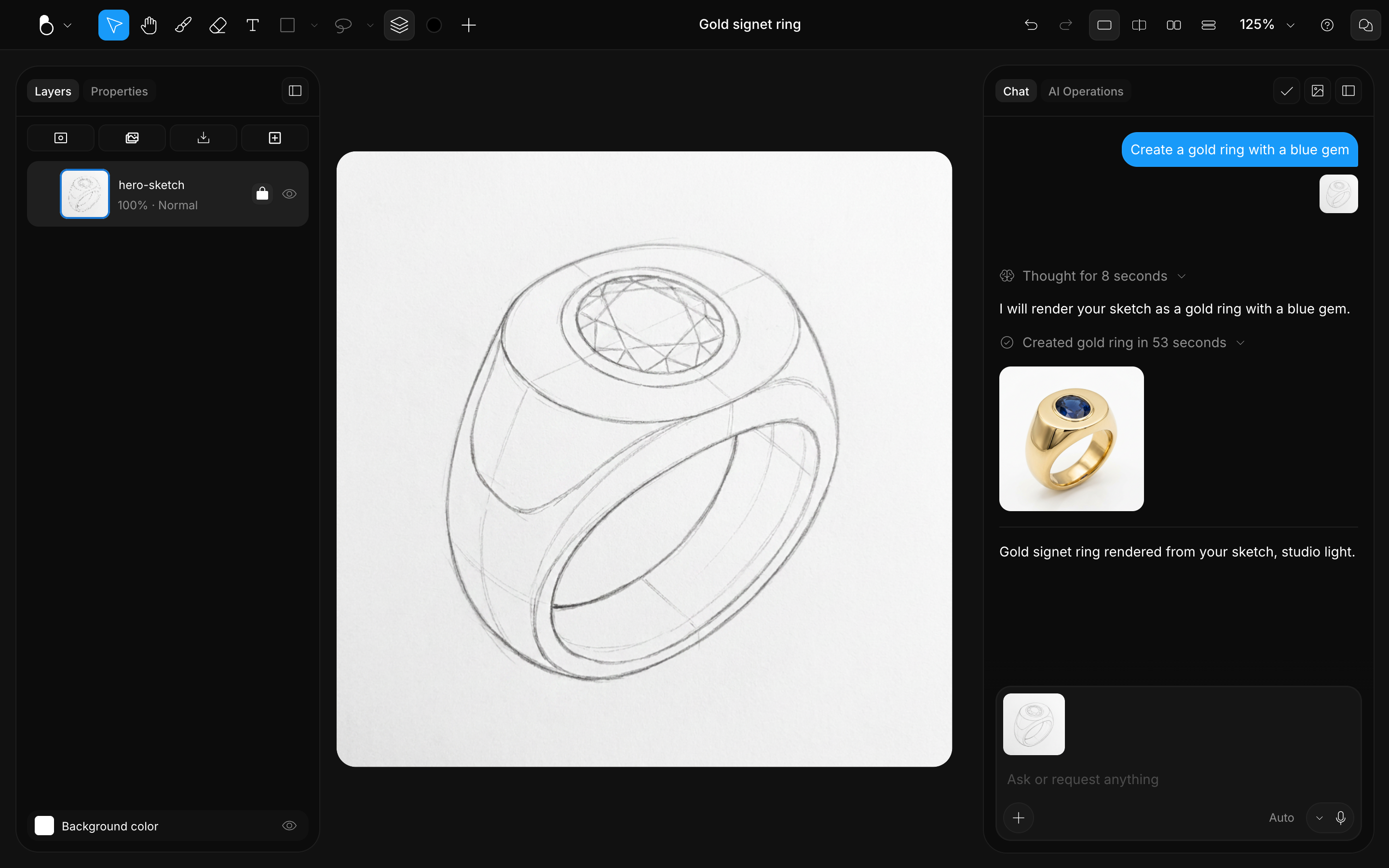 A hand-drawn signet ring sketch on the canvas and the AI render of it in the chat