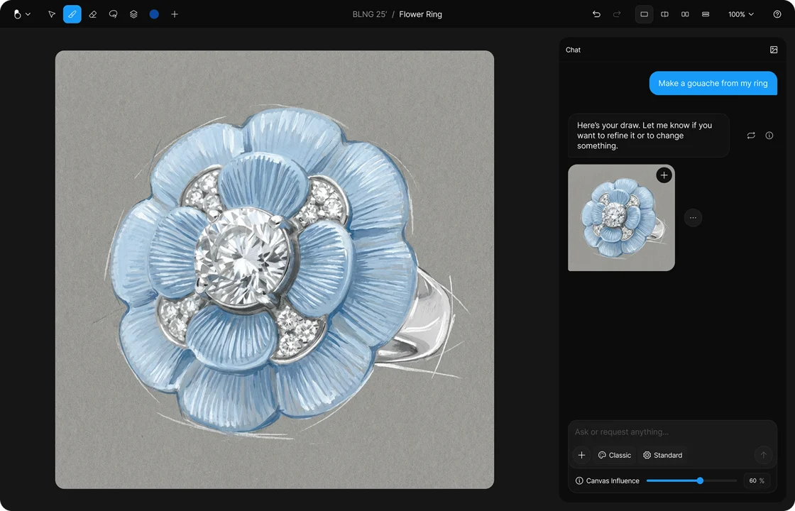 A ring reinterpreted as a sketch and a painted illustration