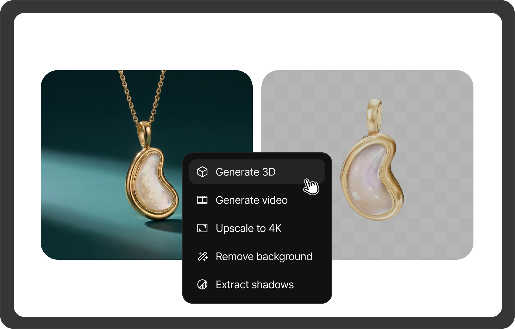 AI Tools menu with Generate 3D highlighted next to a pearl pendant and its cutout
