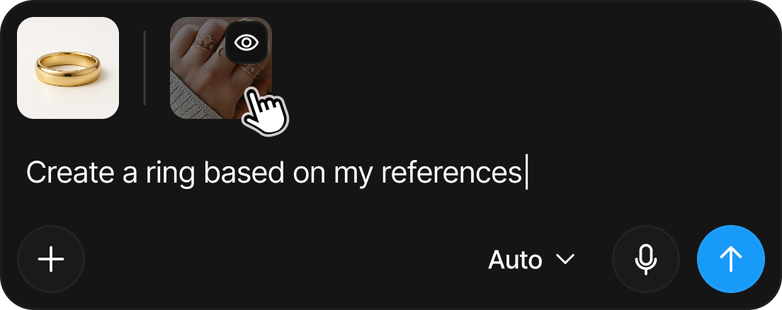 Two reference thumbnails above the prompt field, one showing the eye icon on hover