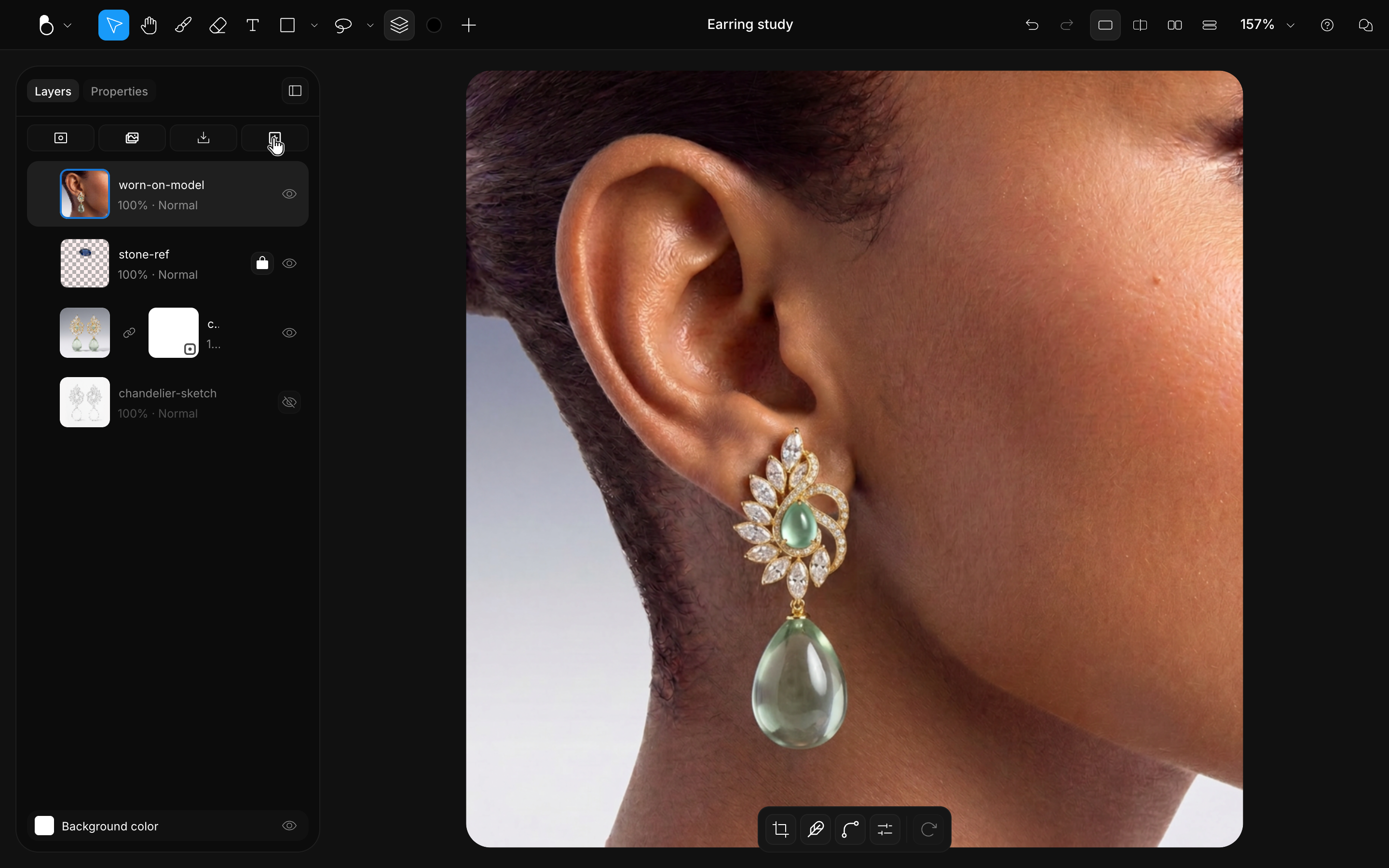 The Layers panel listing worn-on-model, stone reference and sketch layers next to an on-model earring