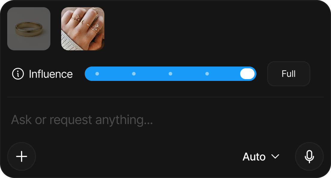The Influence slider above the prompt set to Full, with the canvas thumbnail and one attached reference
