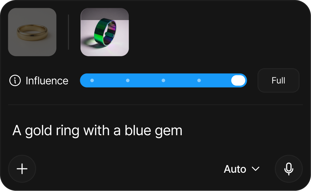 The prompt field with two references, the Influence slider and the text A gold ring with a blue gem