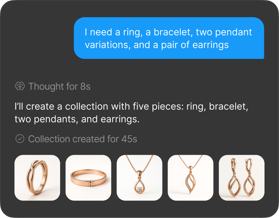 A chat response showing five generated pieces from a rose gold collection
