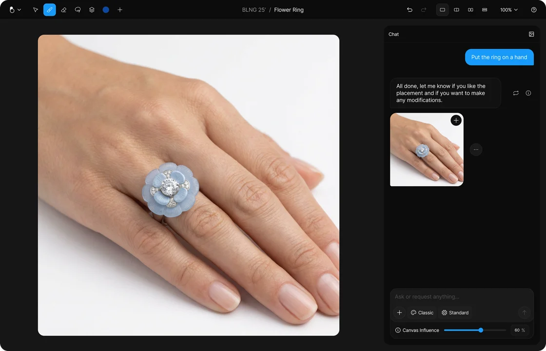 A ring worn on a hand in an on-model product shot
