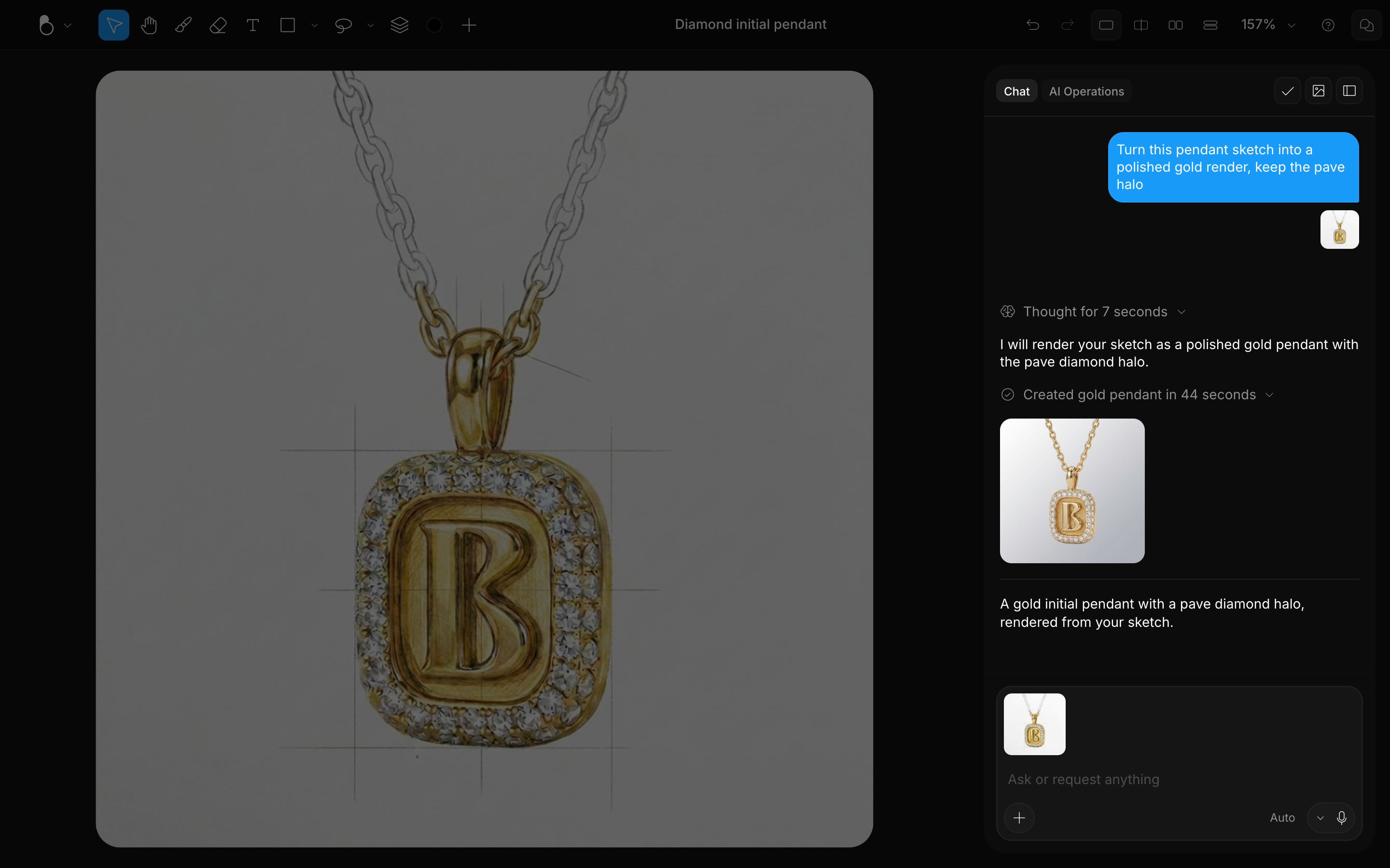A pendant sketch on the canvas and the chat rendering it as a gold pendant with a diamond halo