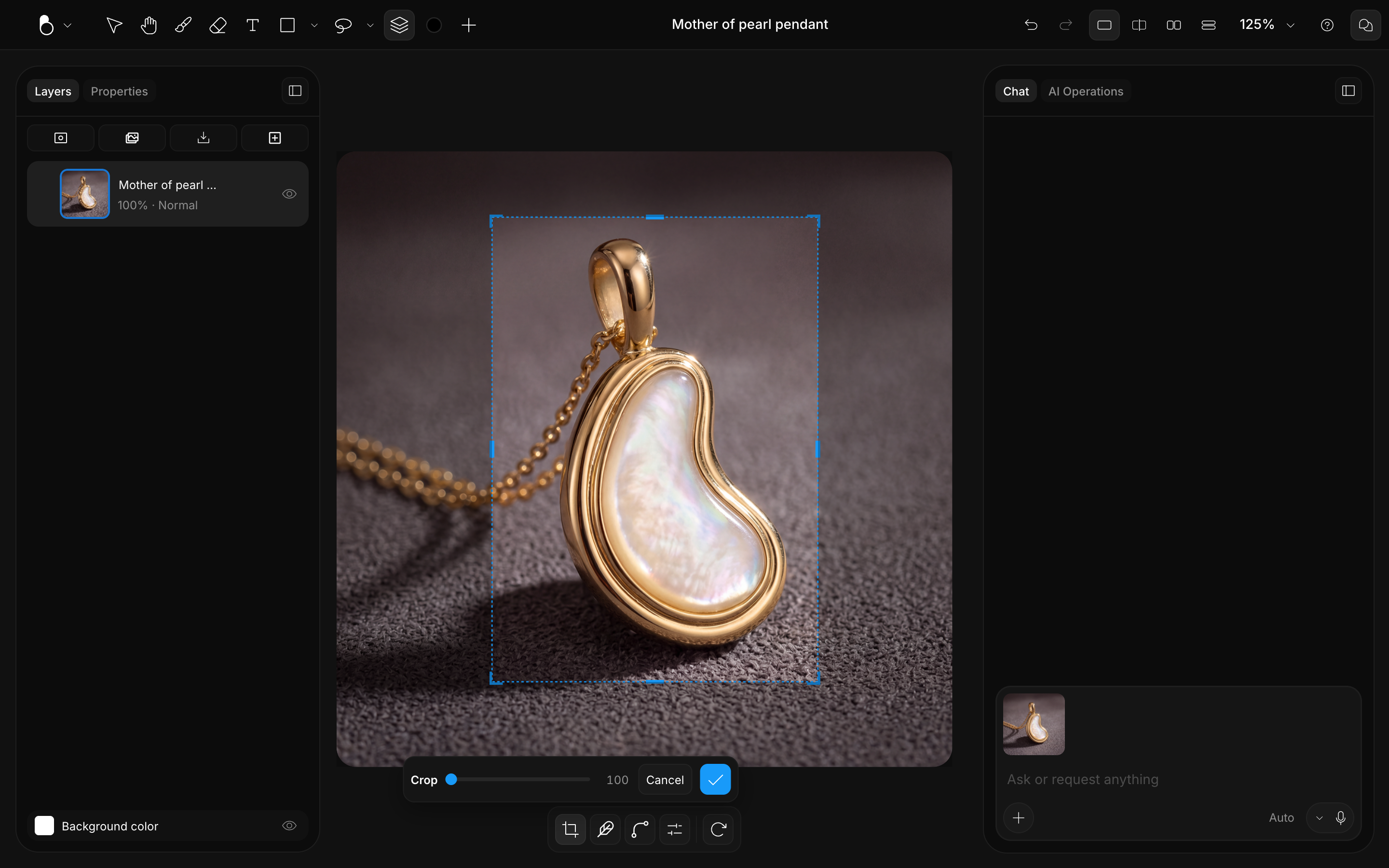 A pendant being cropped with a crop frame and the Crop bar below