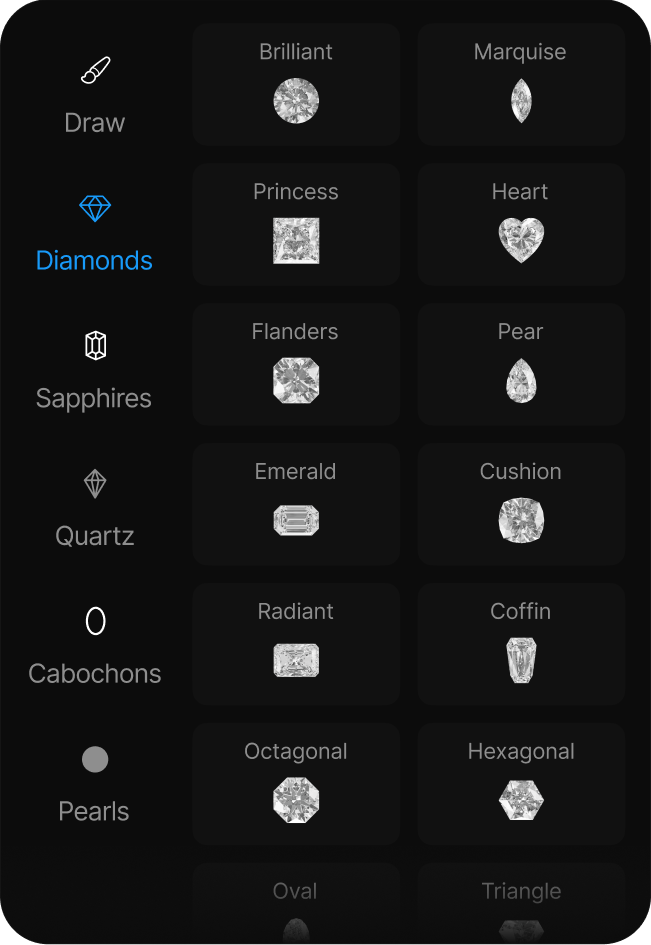 The brush library tabs: Draw, Diamonds, Sapphires, Quartz, Cabochons and Pearls