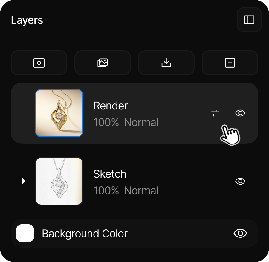 The Layers panel with Render and Sketch layers above the Background Color row