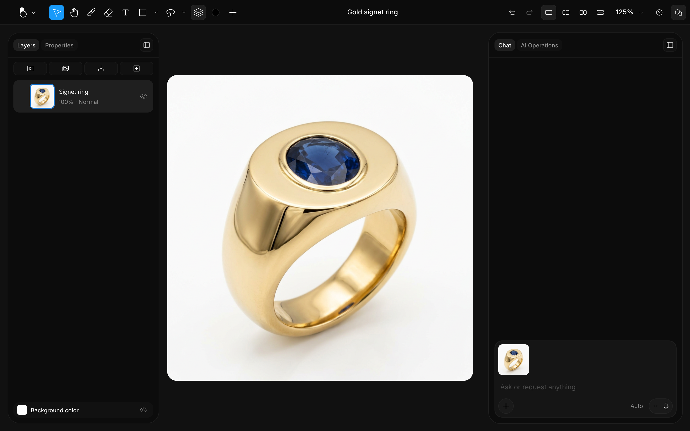 A gold signet ring on the canvas, with its thumbnail sitting in the prompt bar as the canvas reference