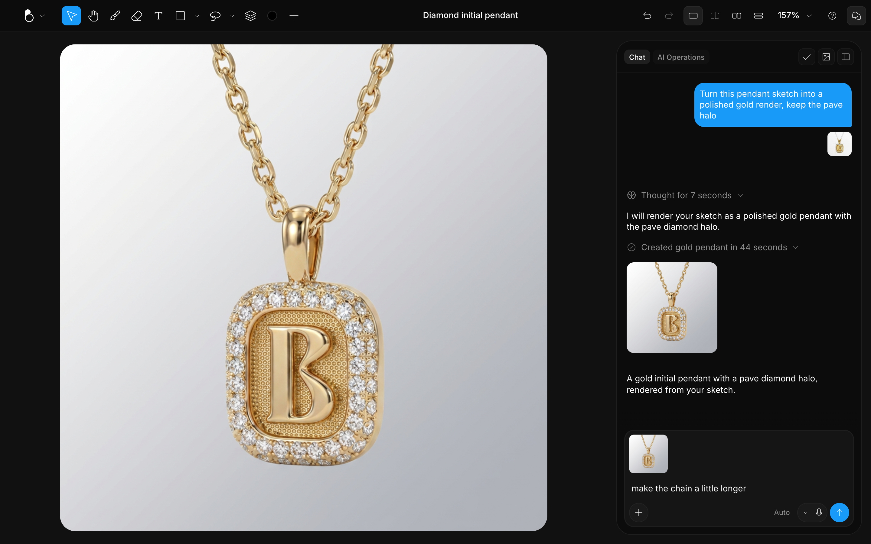 A follow-up prompt, make the chain a little longer, typed under a generated pendant