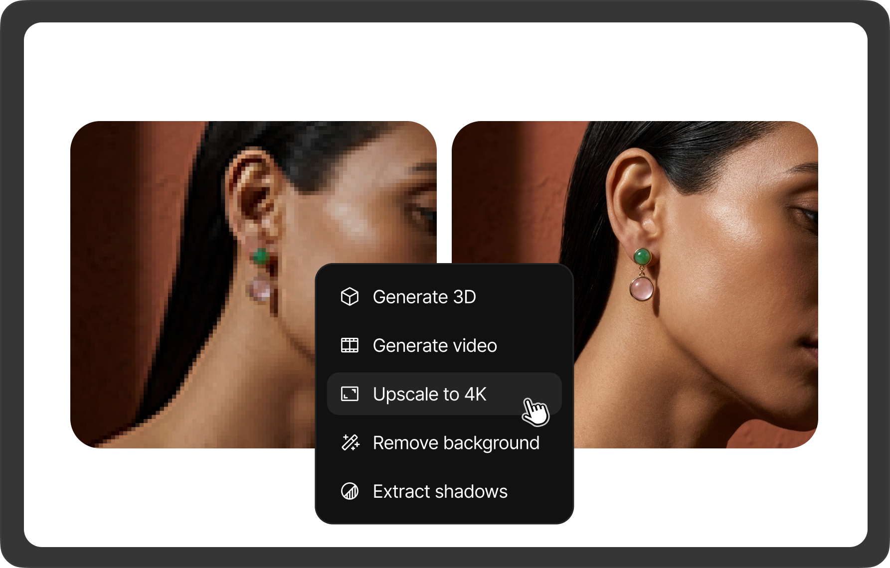 AI Tools menu on a portrait of a woman wearing an earring, with Upscale to 4K highlighted