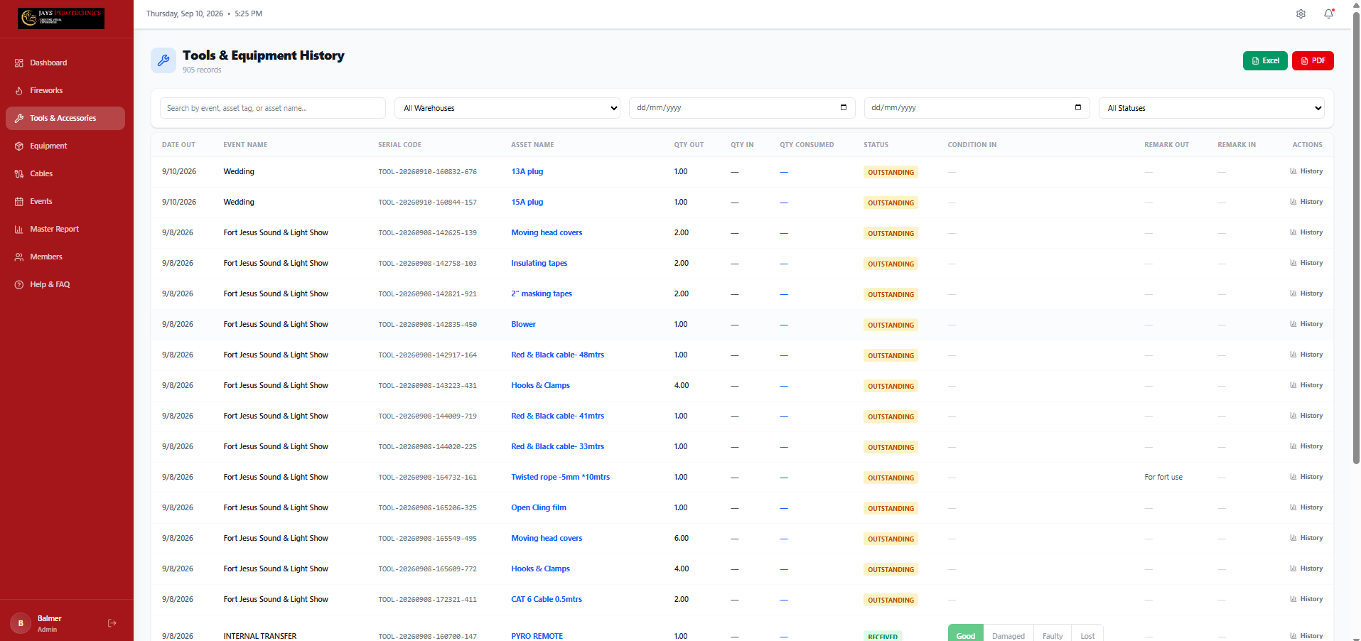 Asset Page (Tools and Equipment history)