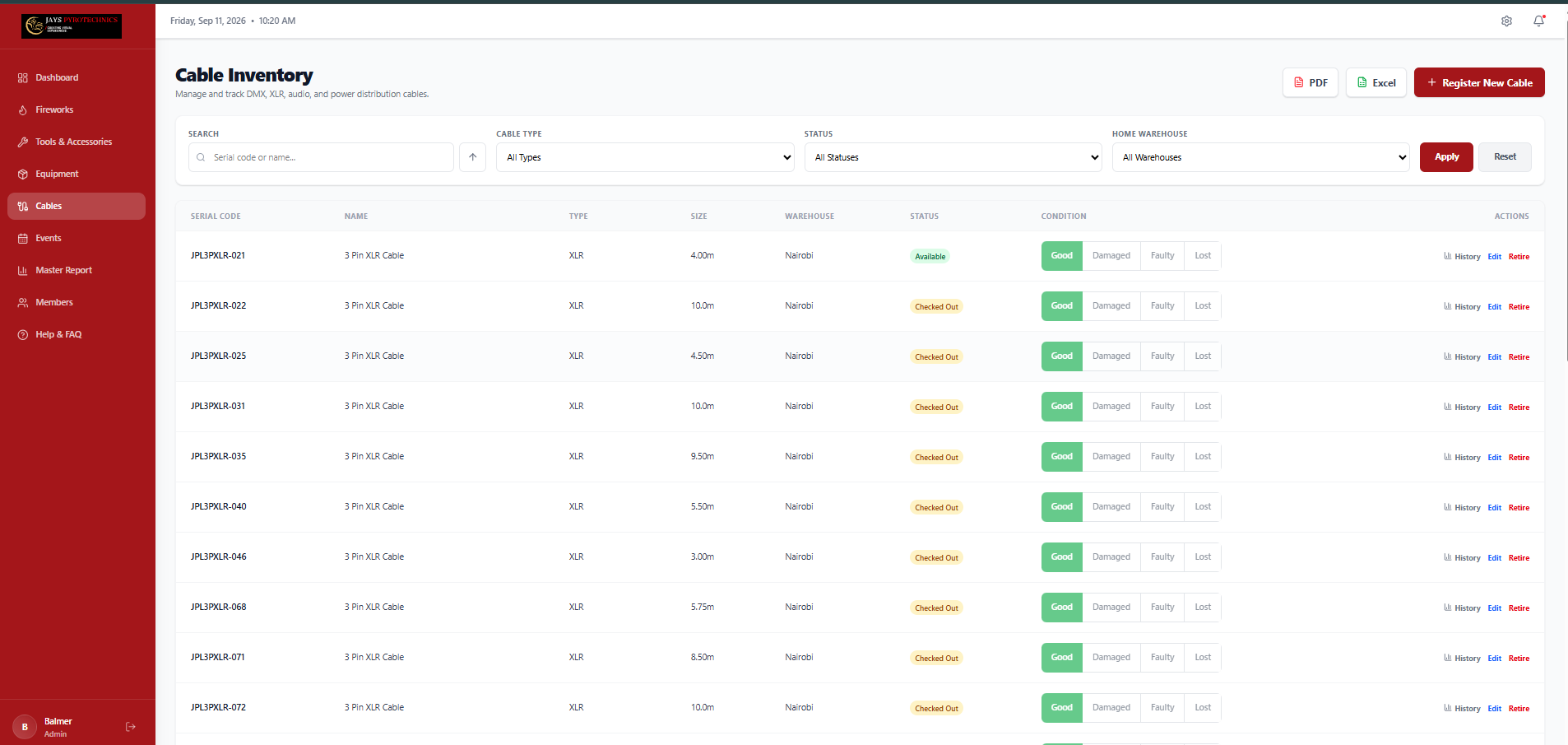 Assets Page (Cable Inventory)