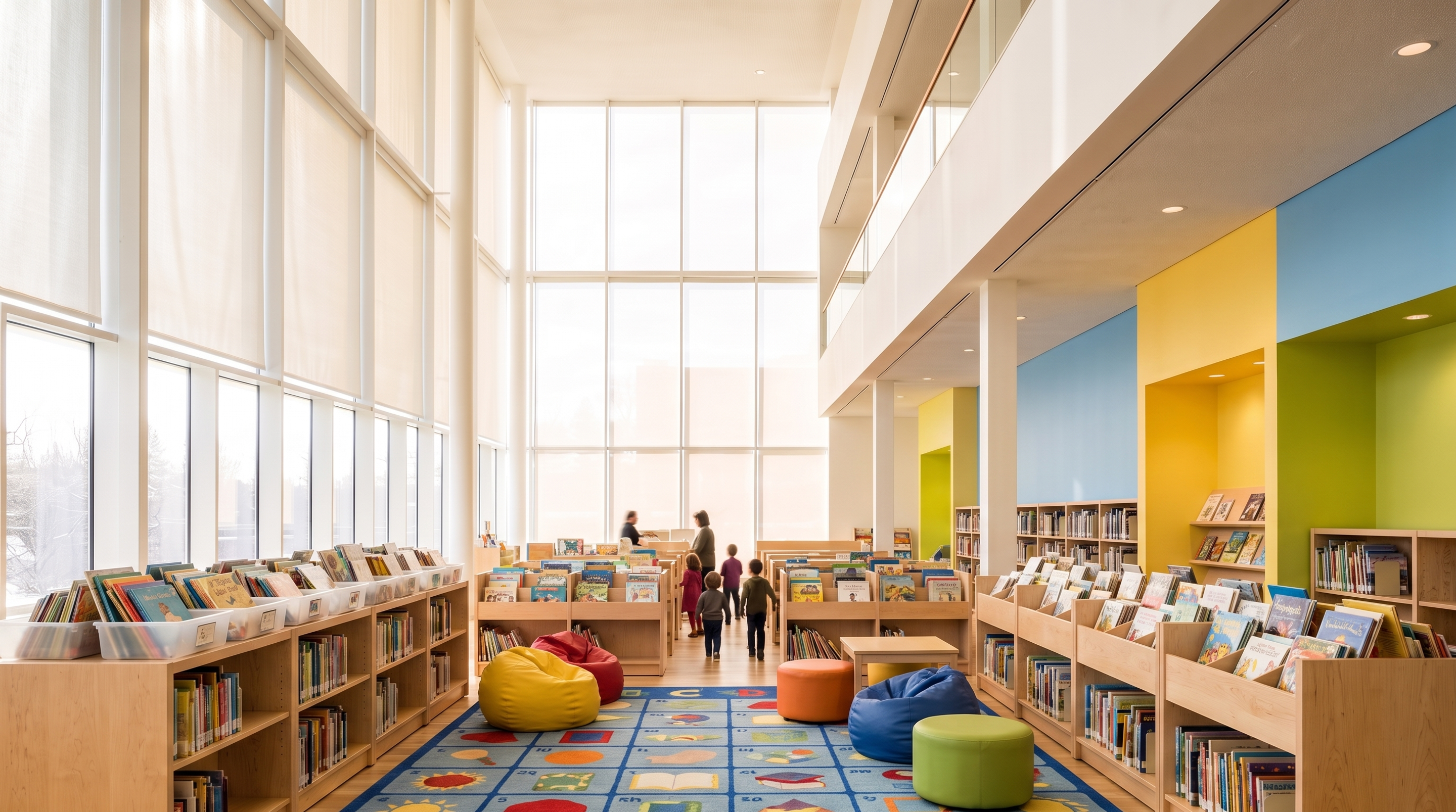 A children’s library with low colourful shelving, picture-book bins and soft seating, figures browsing in the background.