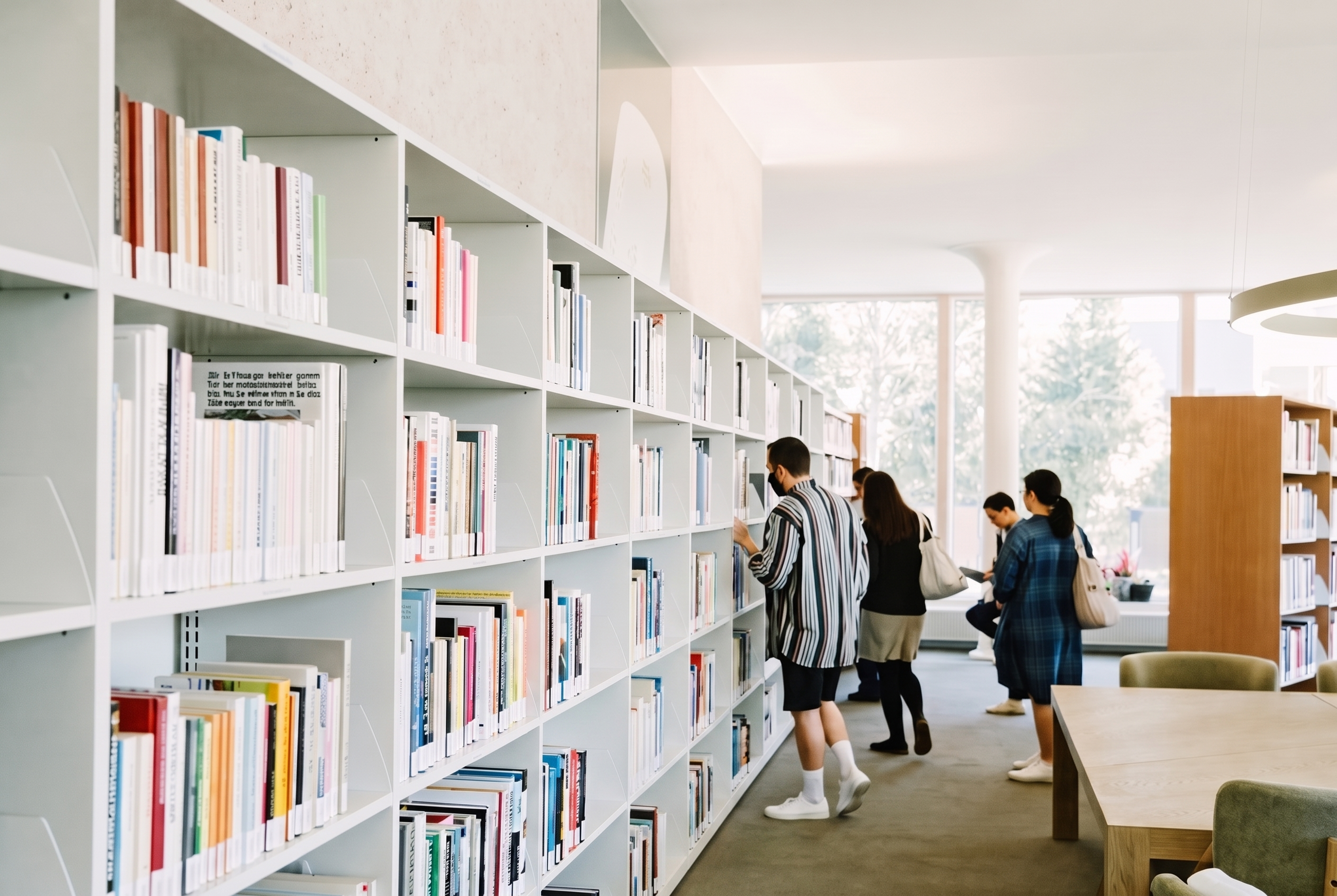 People standing beside tall shelving in a public library, reviewing the shelves in front of them.