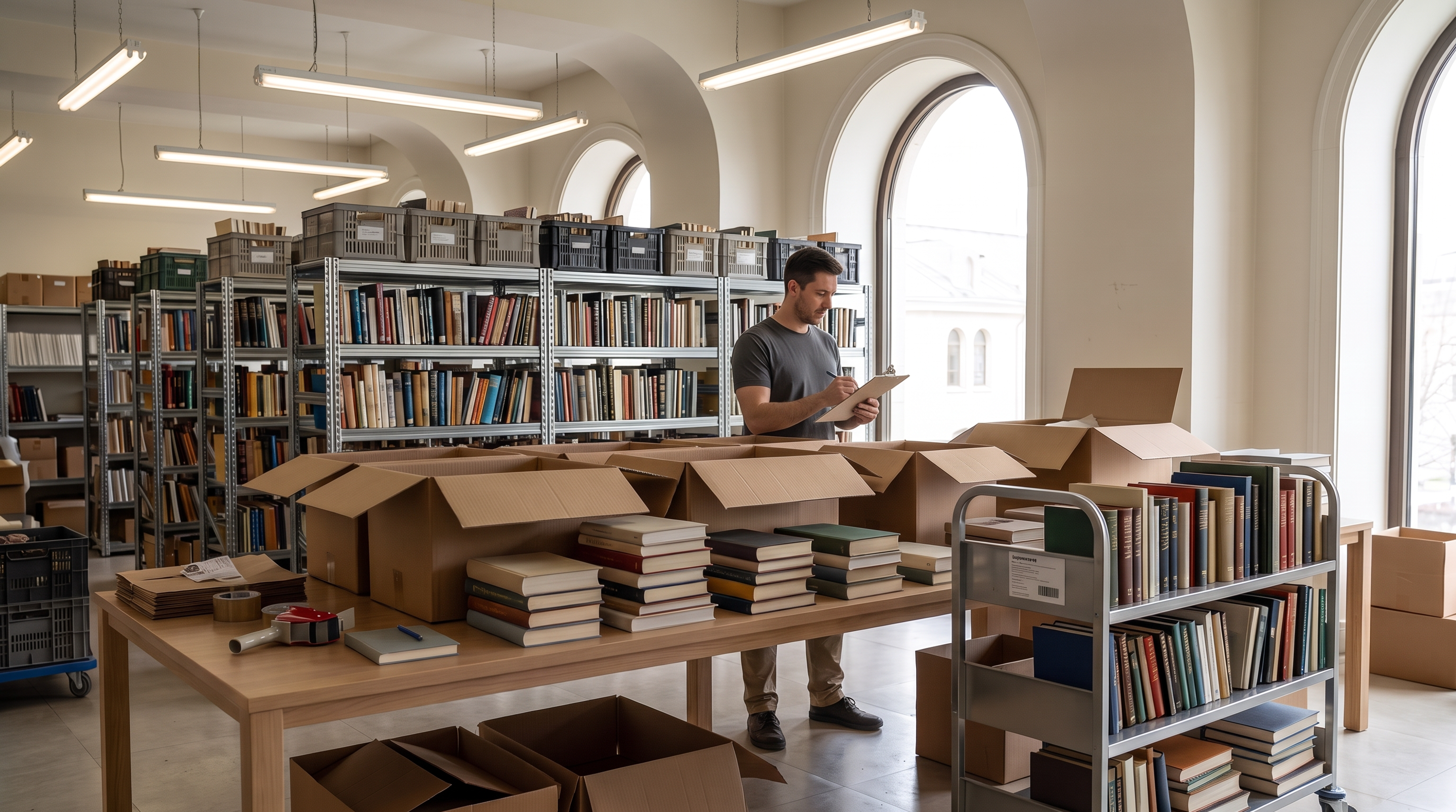 A staff member taking inventory in a library stock room, cartons of books and a loaded trolley alongside.