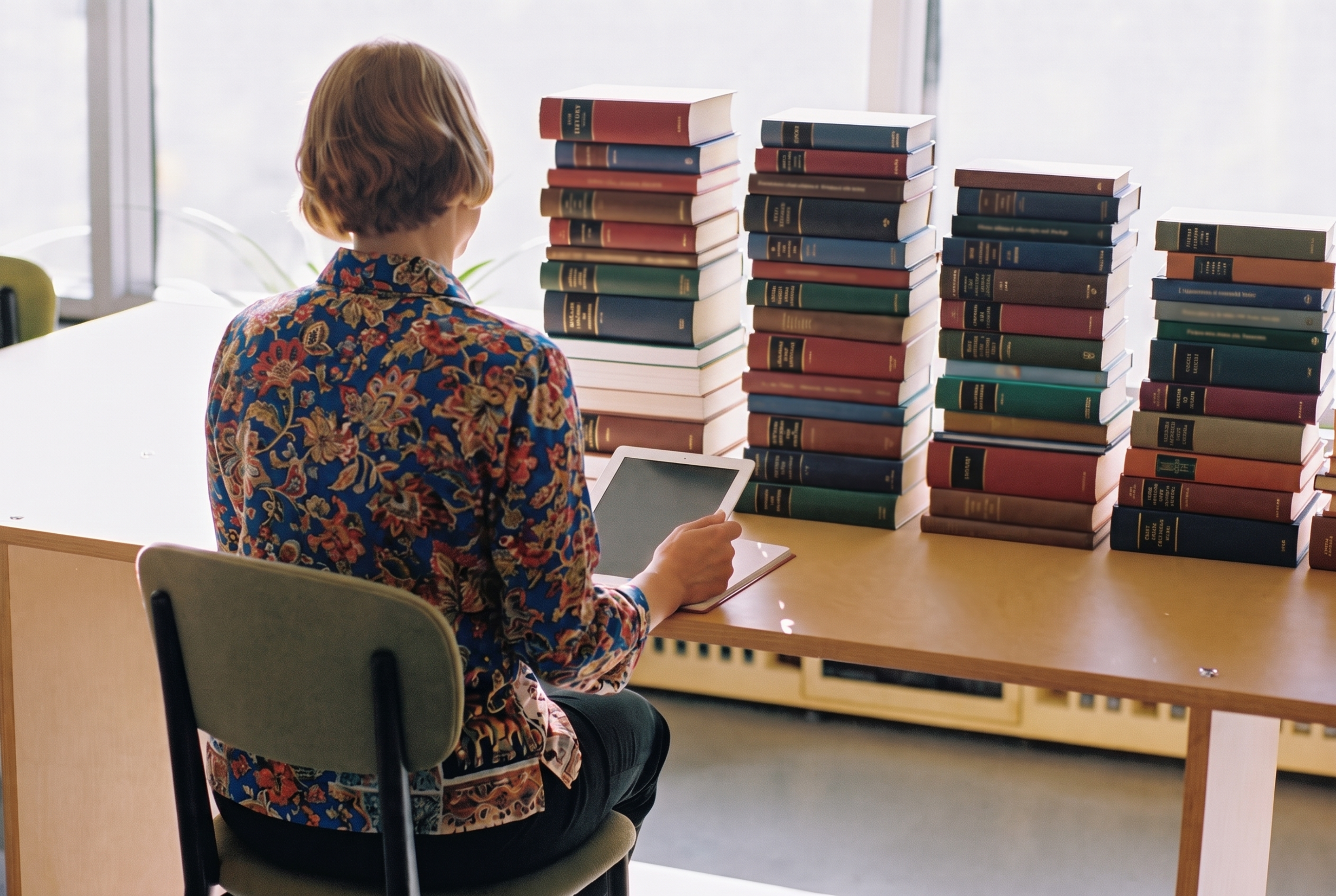 A librarian in a patterned blouse holding a tablet.
